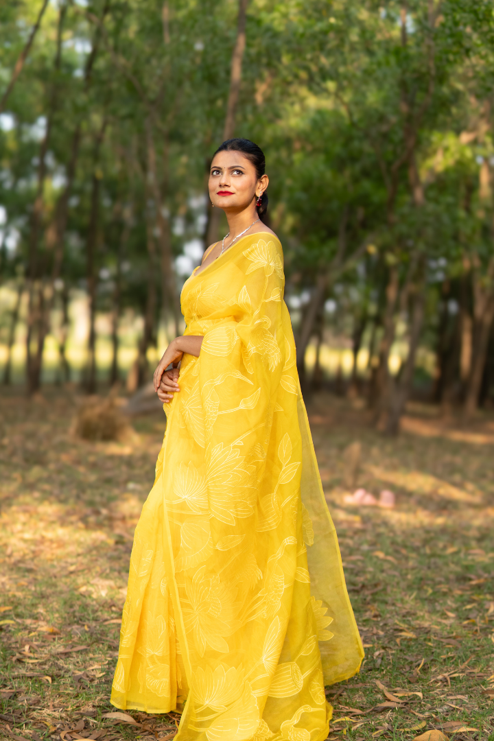 Banarasi Organza Applique saree with Chandari thread - Yellow