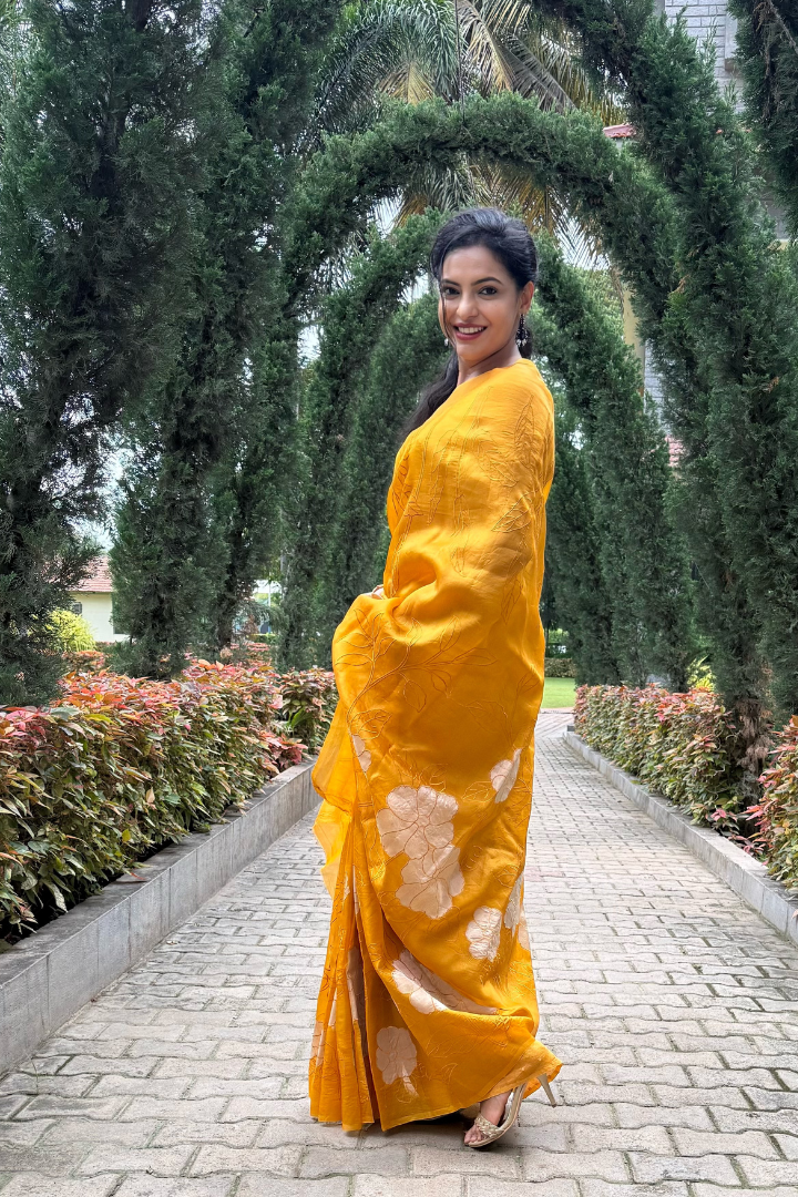 Banarasi silk Organza  tissue appliqué saree - Mustard yellow