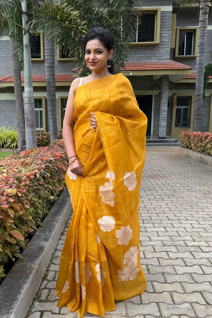 Banarasi silk Organza  tissue appliqué saree - Mustard yellow