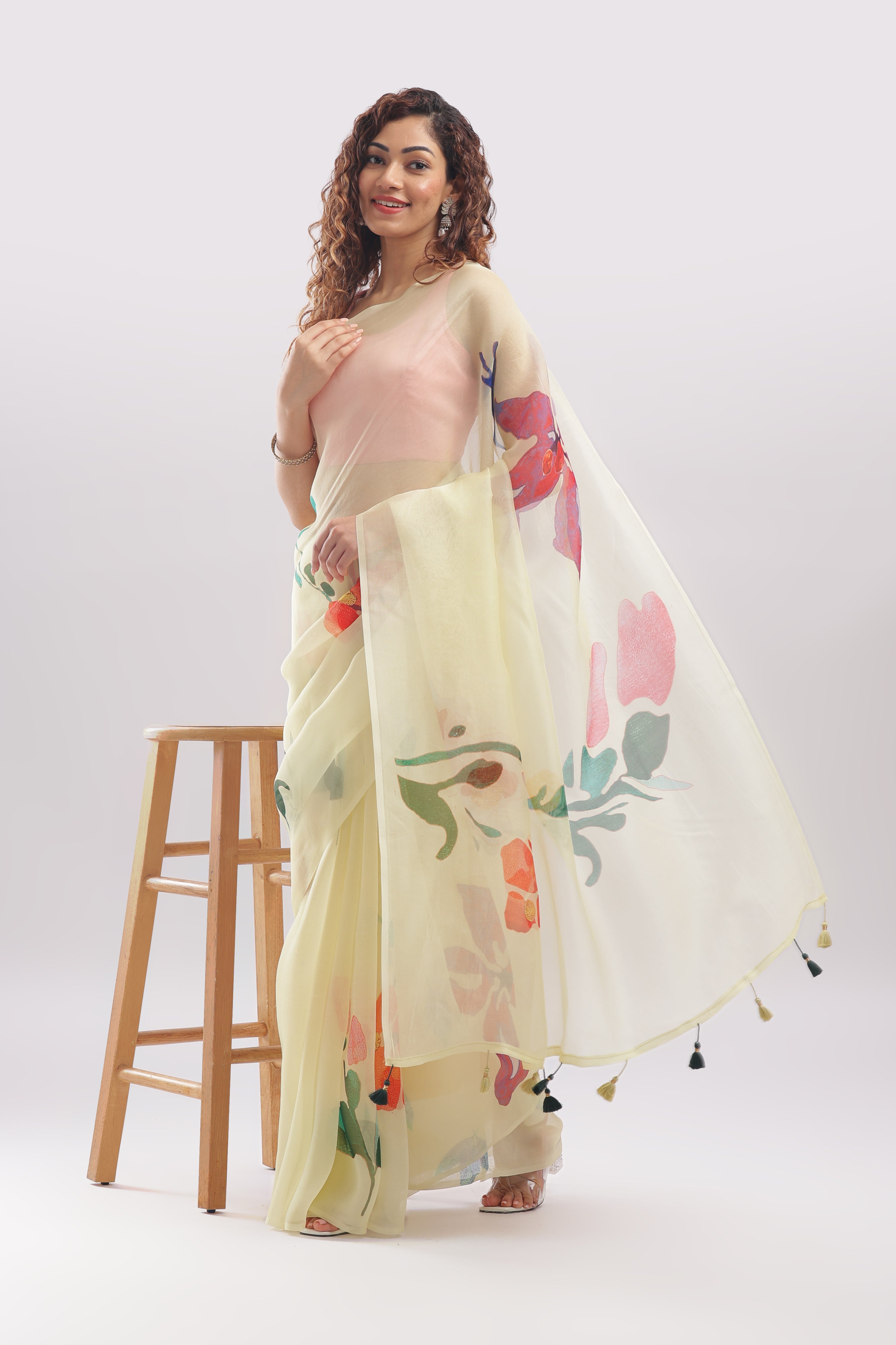 Banarasi Silk Organza Digital Print Flower Motive Saree - Yellow