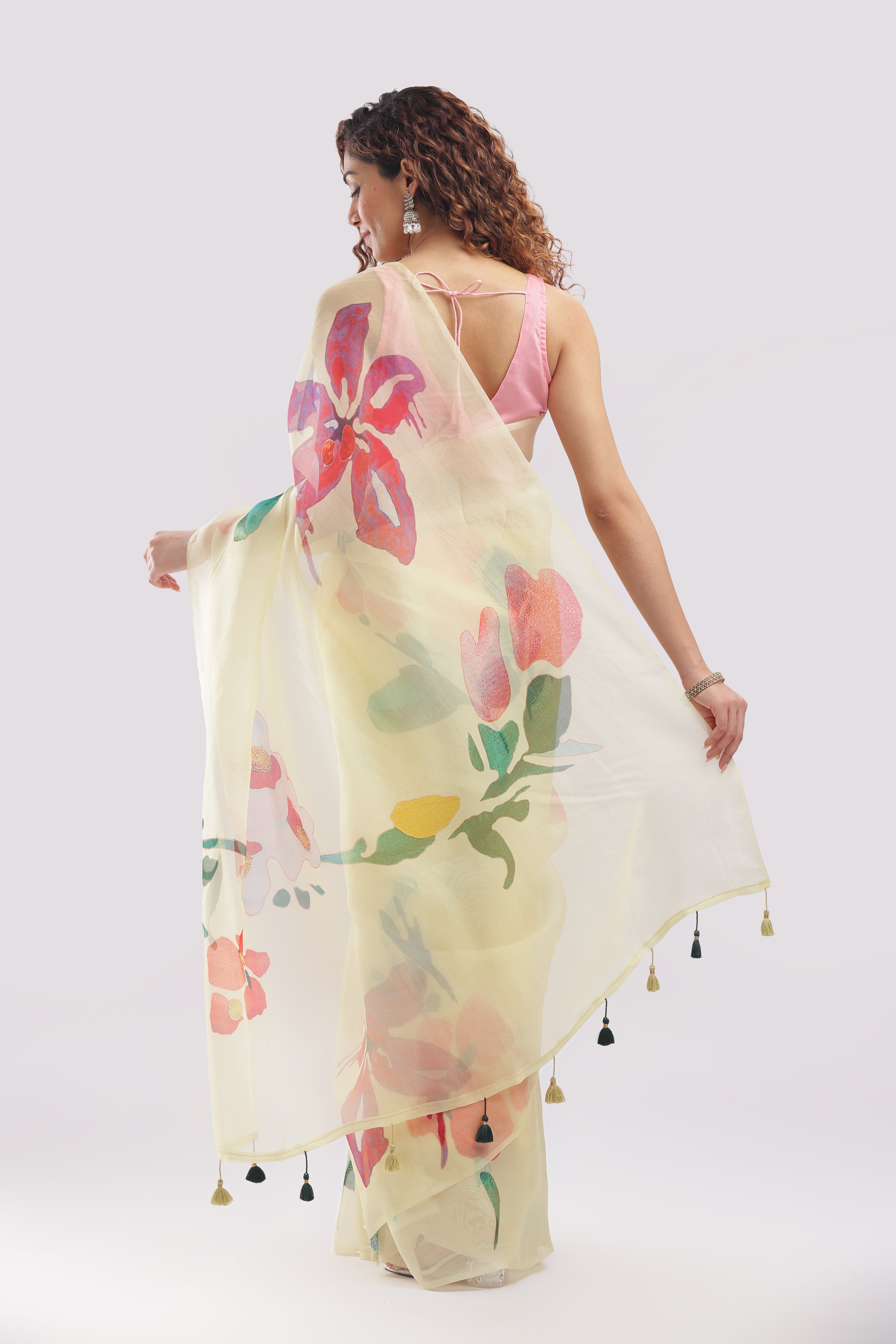 Banarasi Silk Organza Digital Print Flower Motive Saree - Yellow