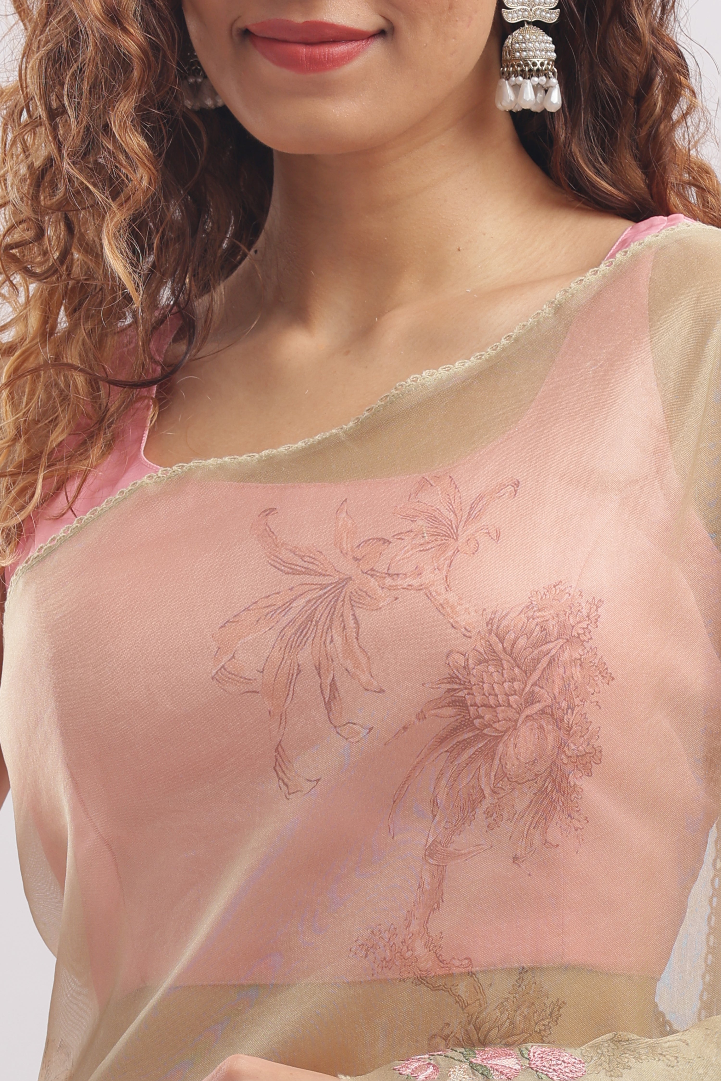 Banarasi Silk Organza Digital Print And Embroidery Saree - Pastel Gold Shade