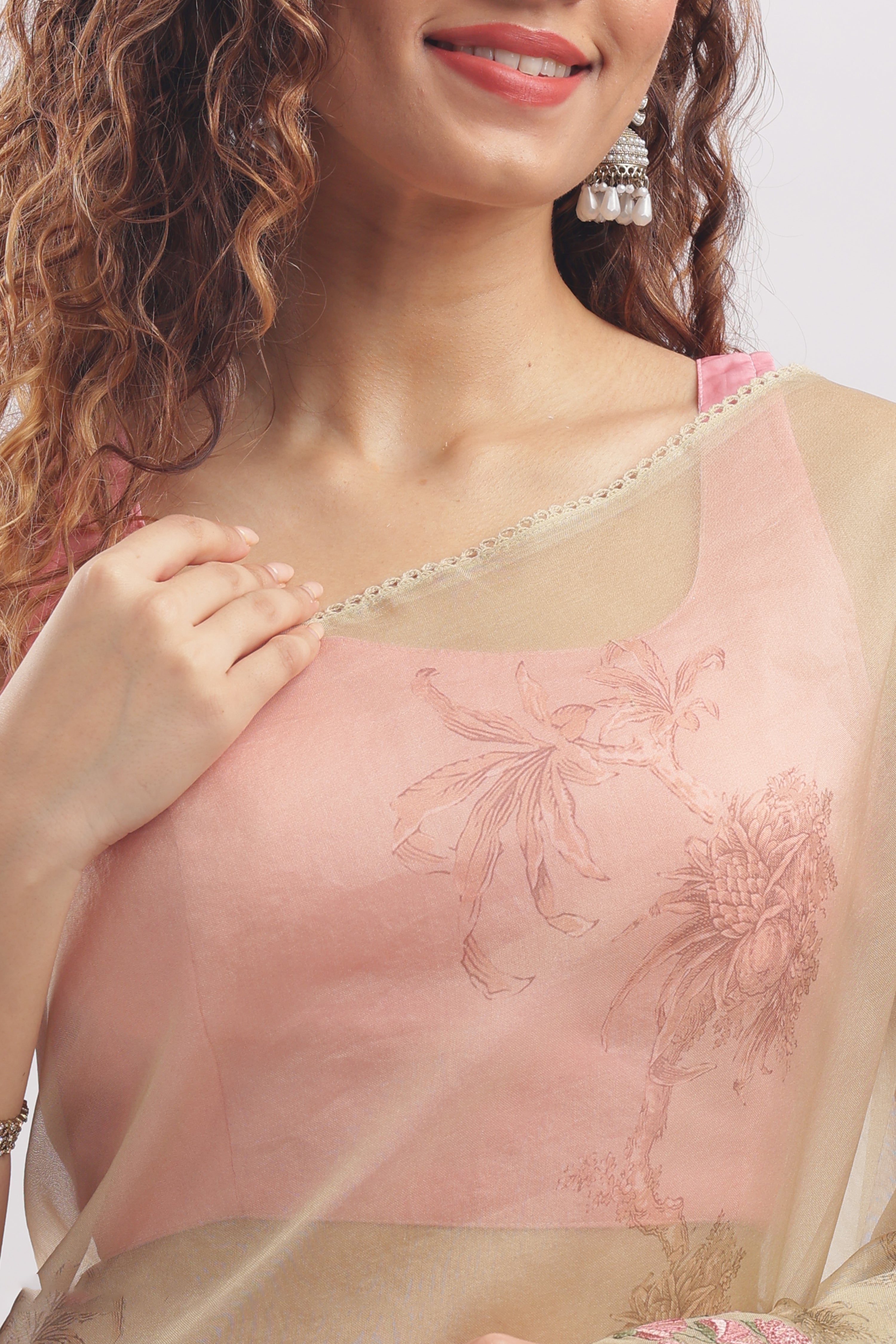 Banarasi Silk Organza Digital Print And Embroidery Saree - Pastel Gold Shade