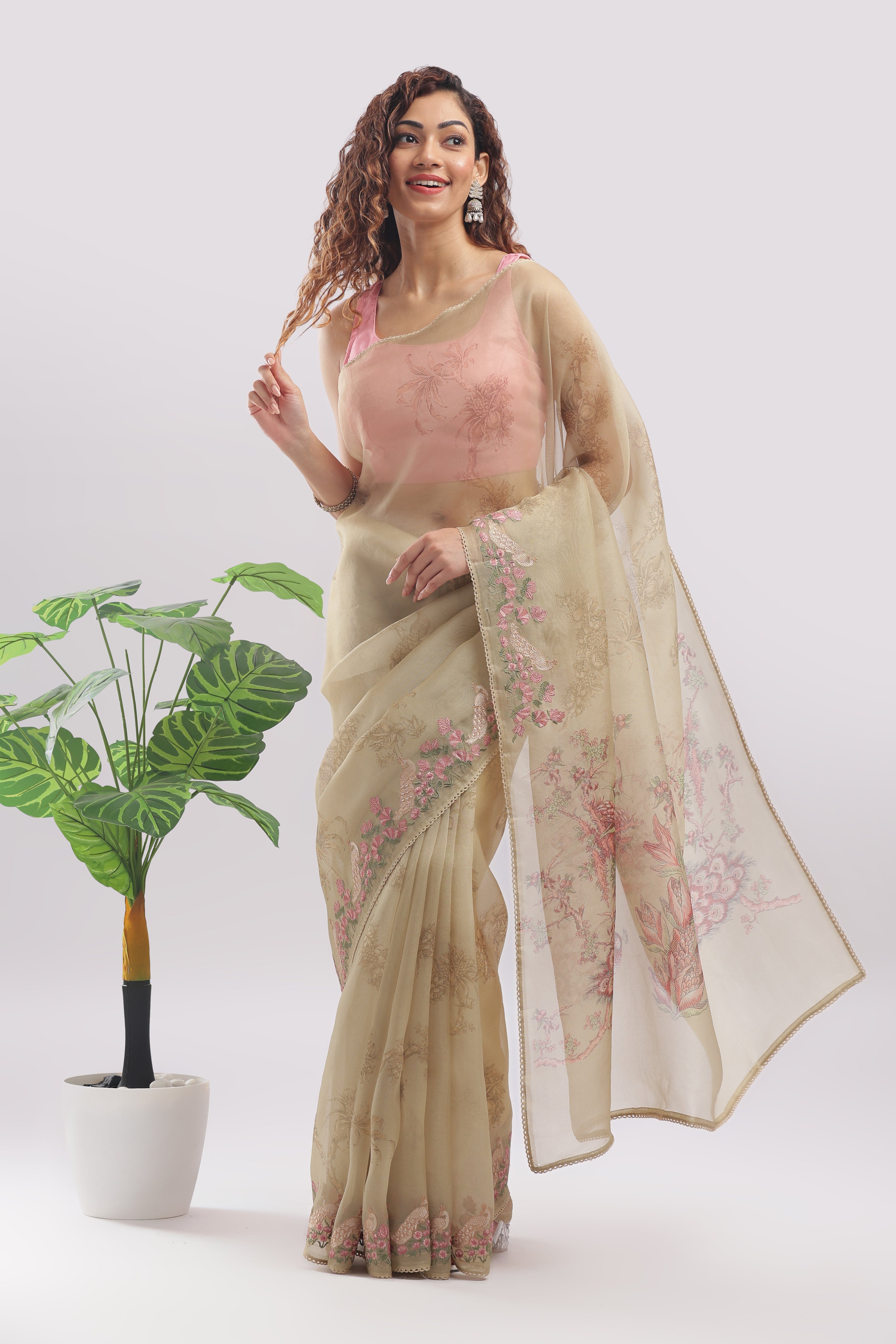 Banarasi Silk Organza Digital Print And Embroidery Saree - Pastel Gold Shade