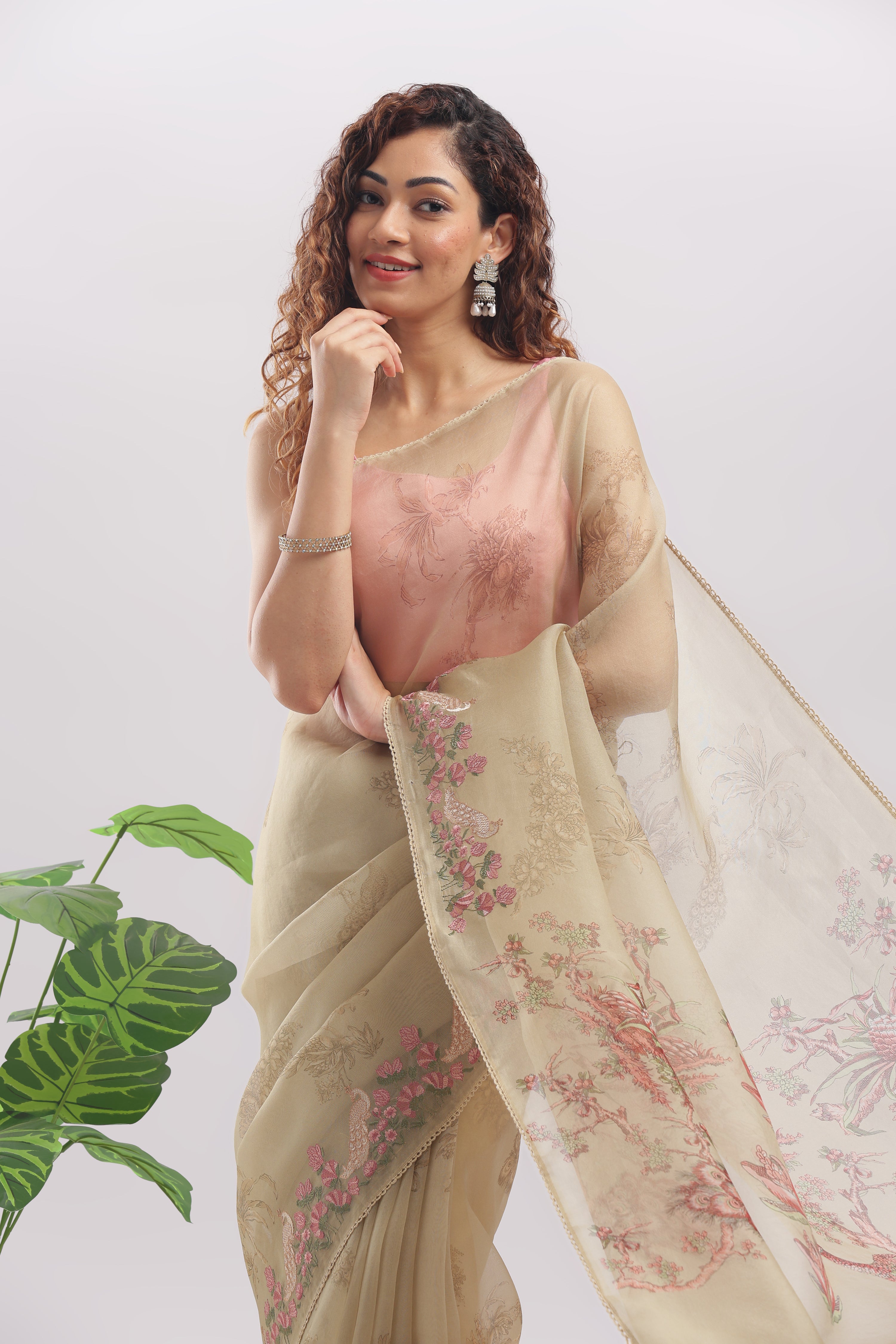 Banarasi Silk Organza Digital Print And Embroidery Saree - Pastel Gold Shade