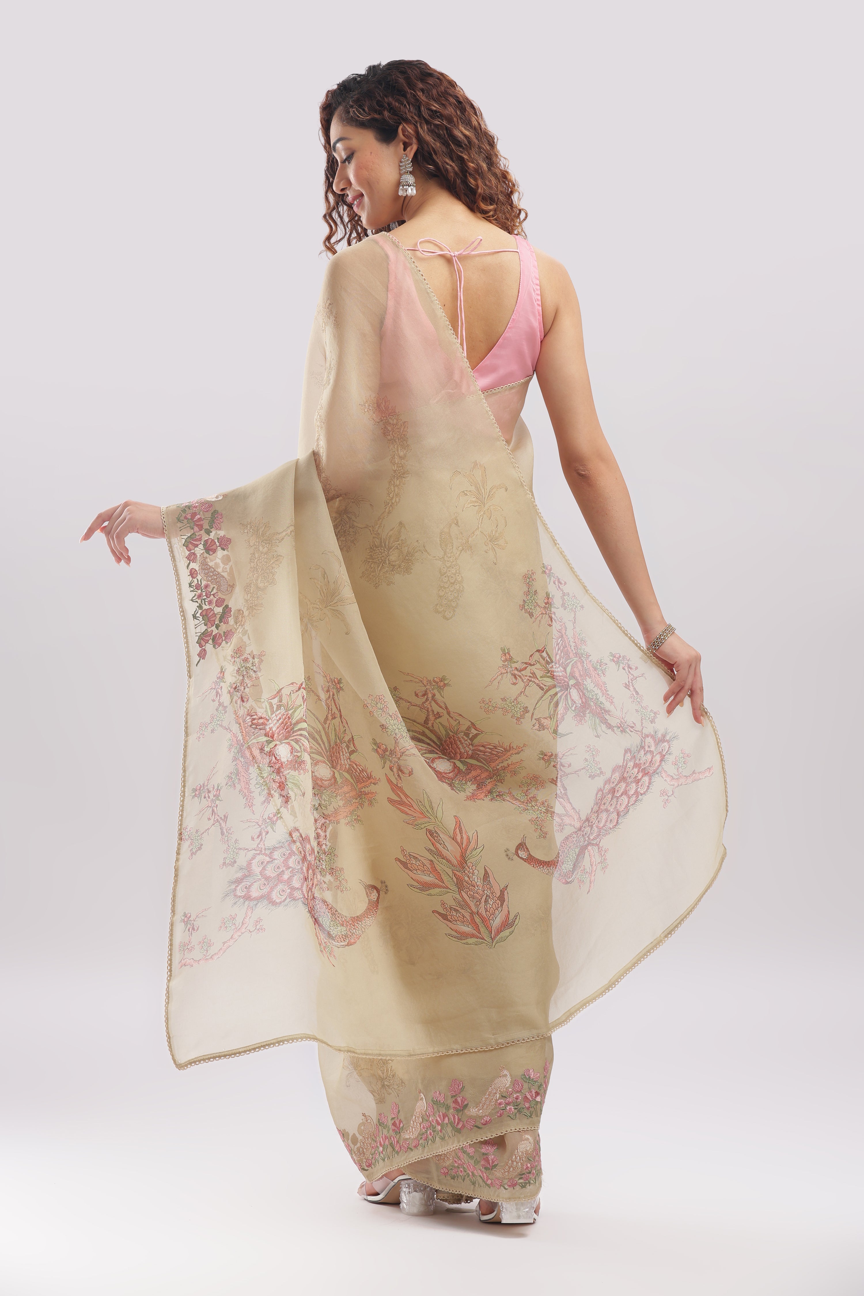 Banarasi Silk Organza Digital Print And Embroidery Saree - Pastel Gold Shade