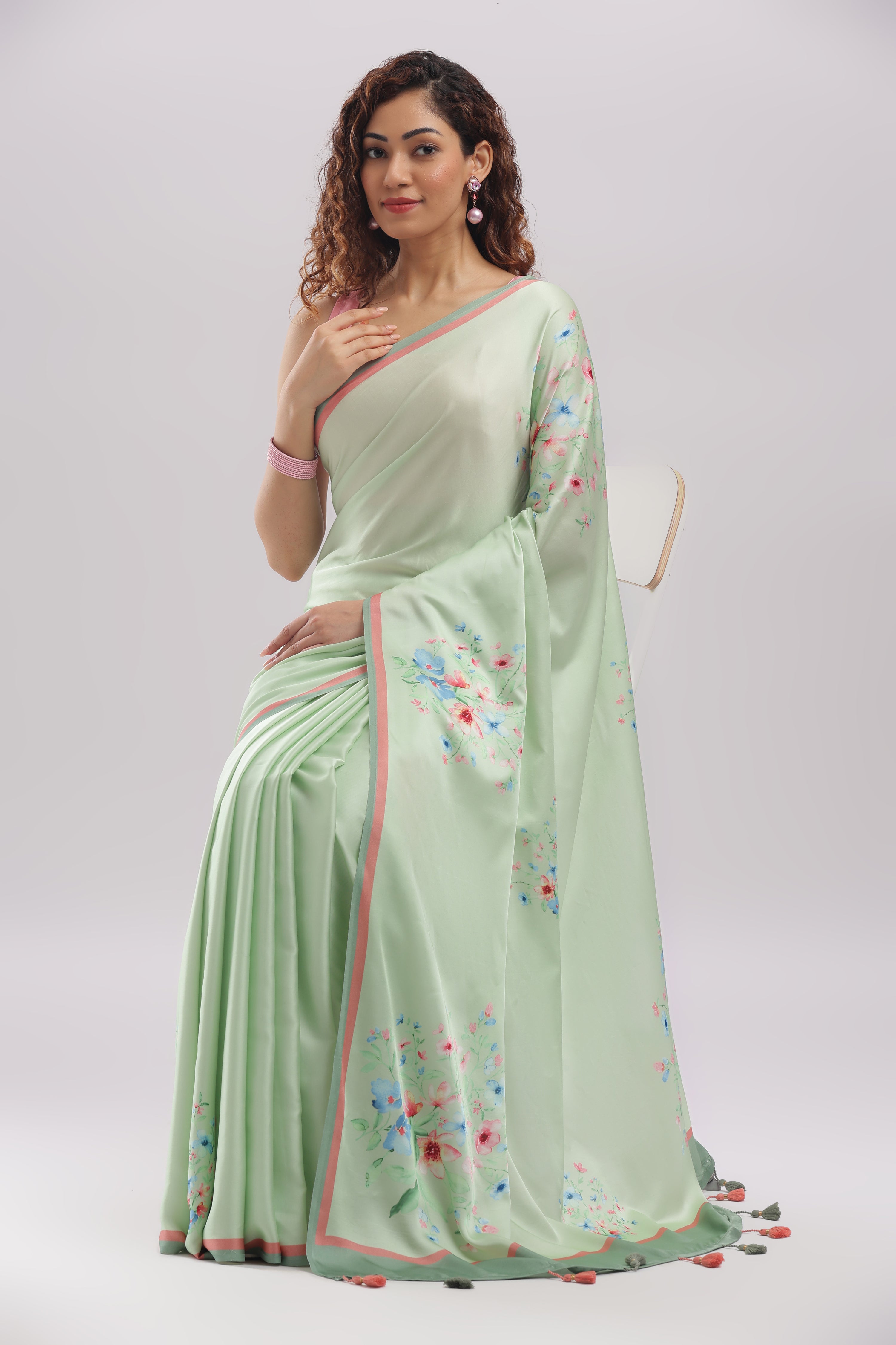 Banarasi satin silk printed saree - Pastel Mint