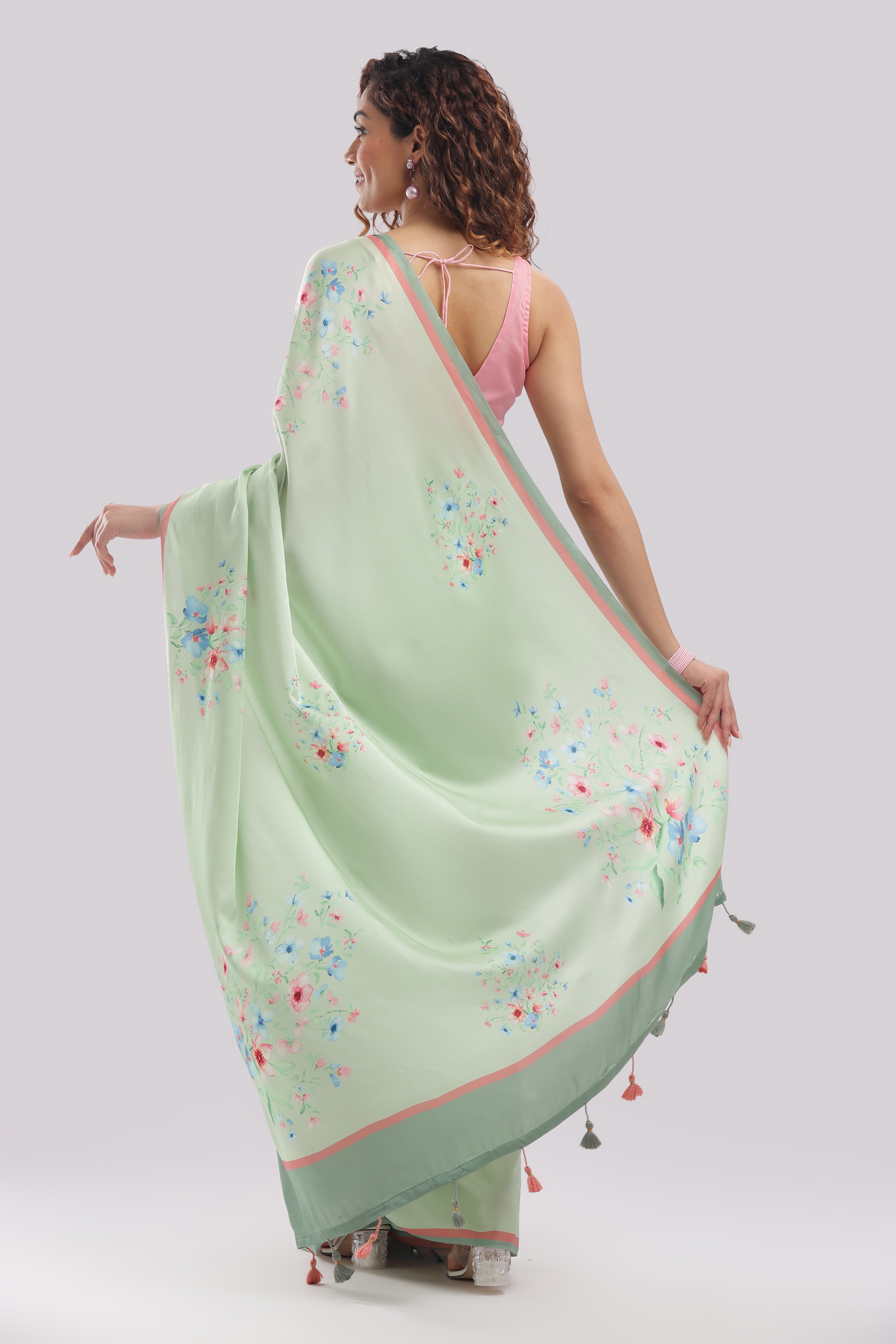 Banarasi satin silk printed saree - Pastel Mint
