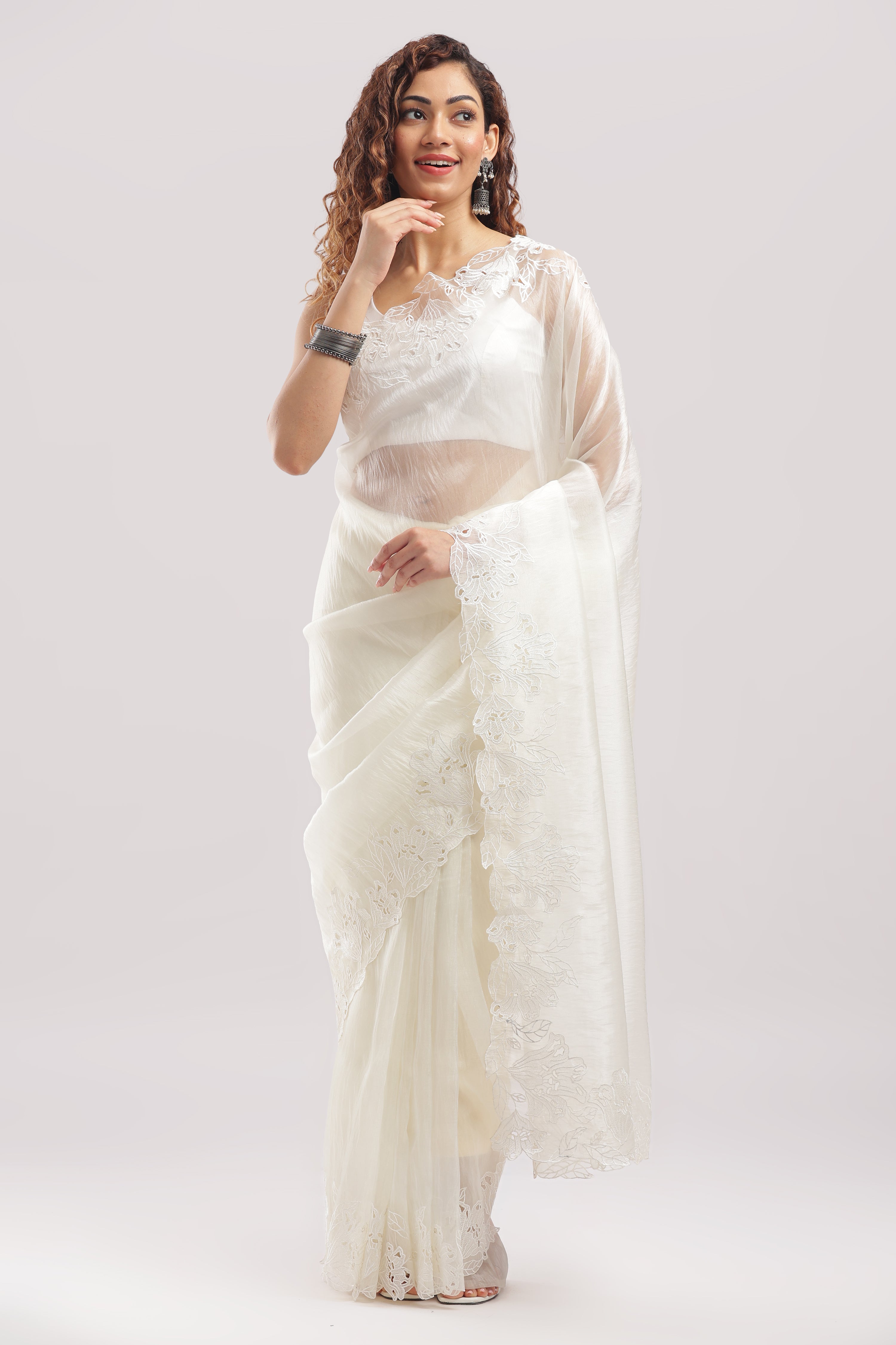 Banarasi Tissue Silk Cut Work Saree - Soft Pastel Green
