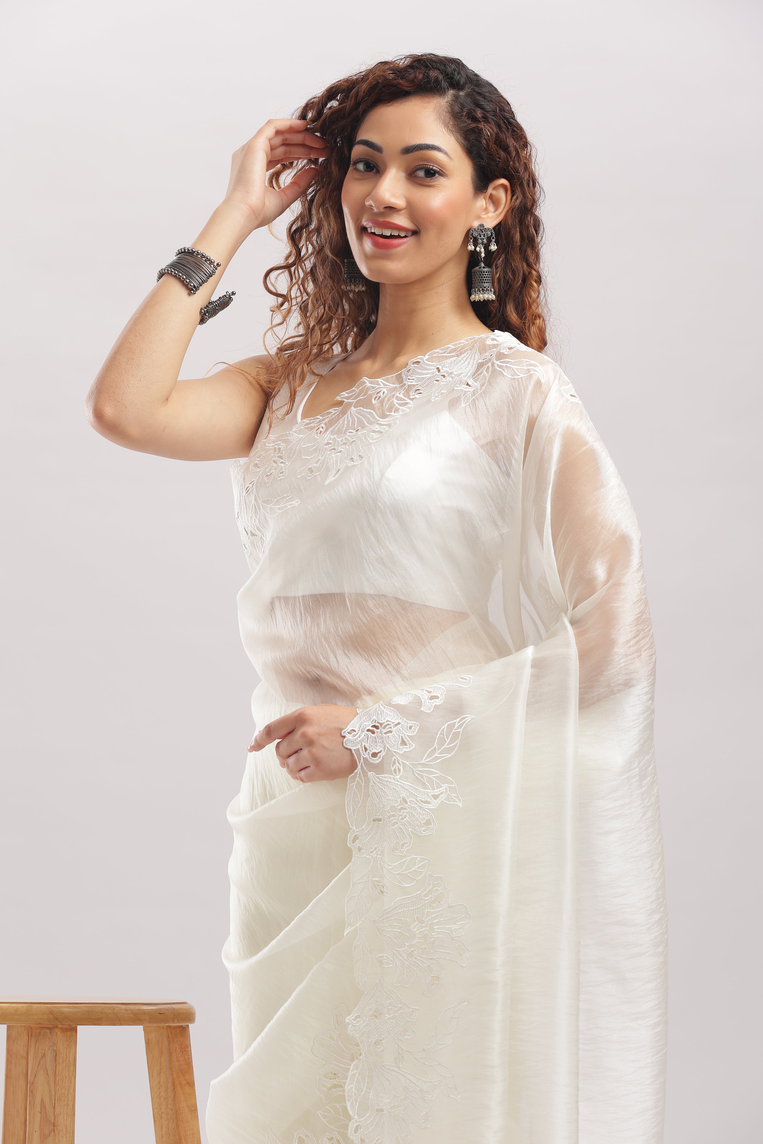 Banarasi tissue silk cut work saree - Ivory white