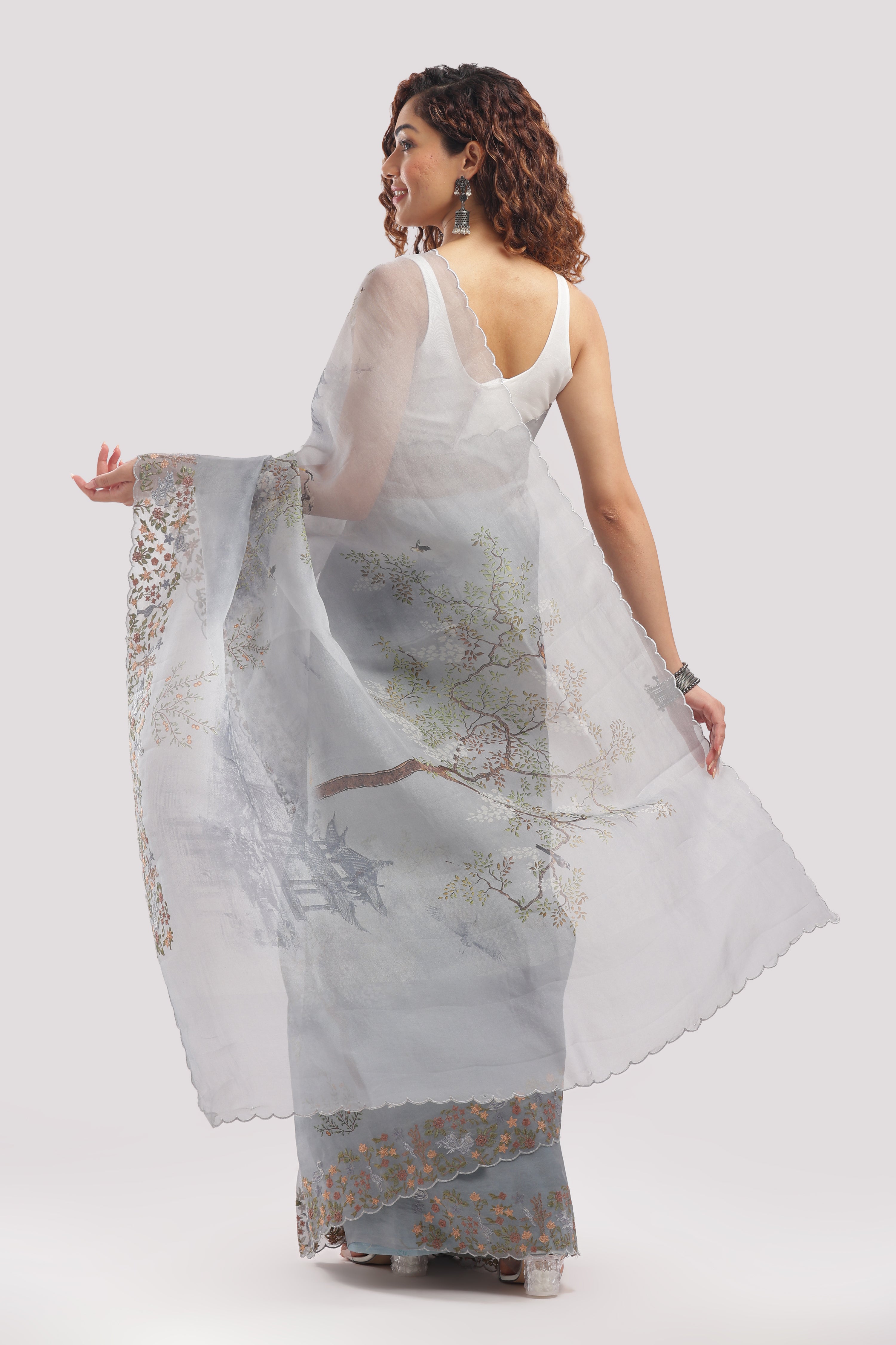 Banarasi Silk Organza Digital Print And Embroidery Saree - Grey