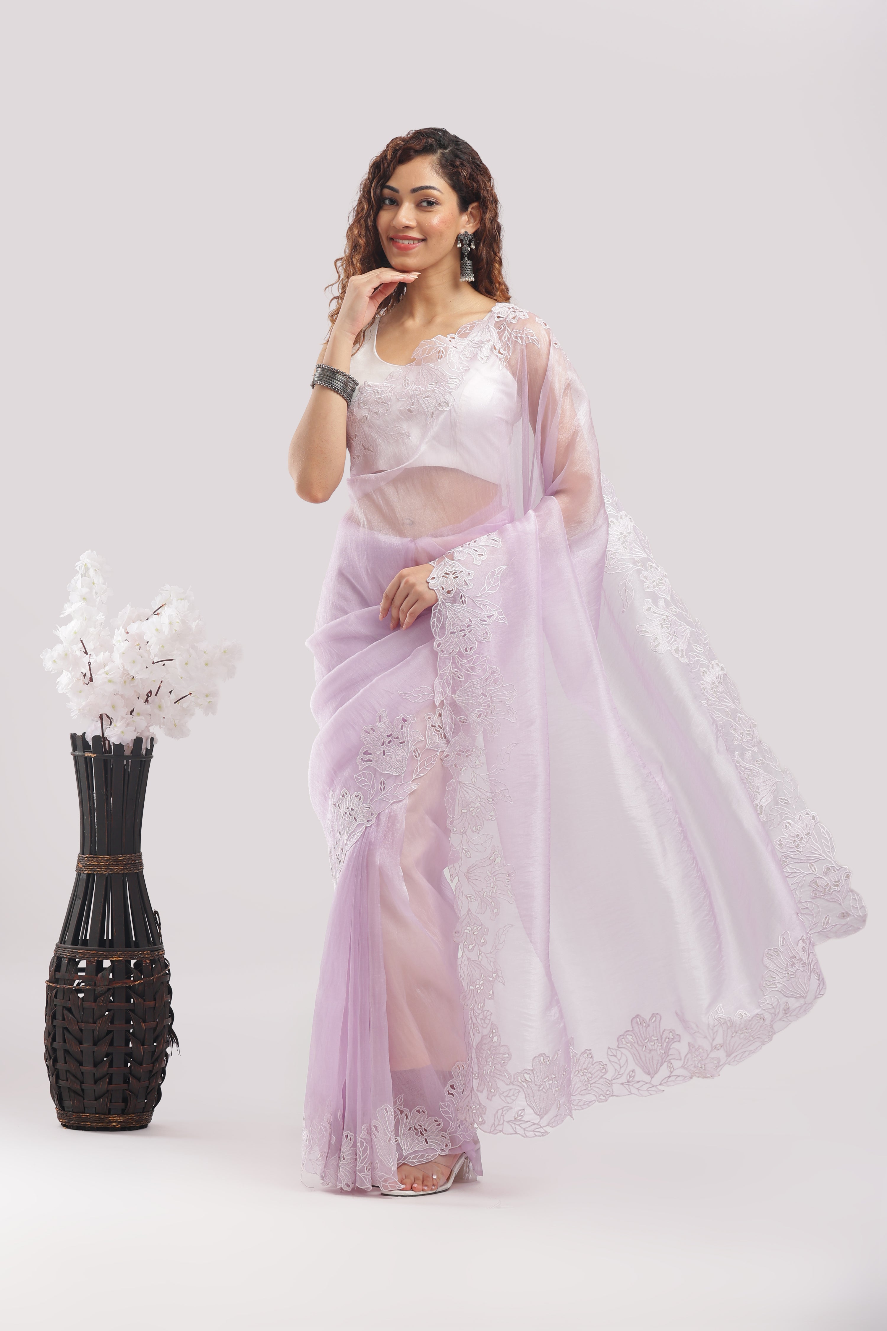 Banarasi tissue silk cut work saree - Light lavender