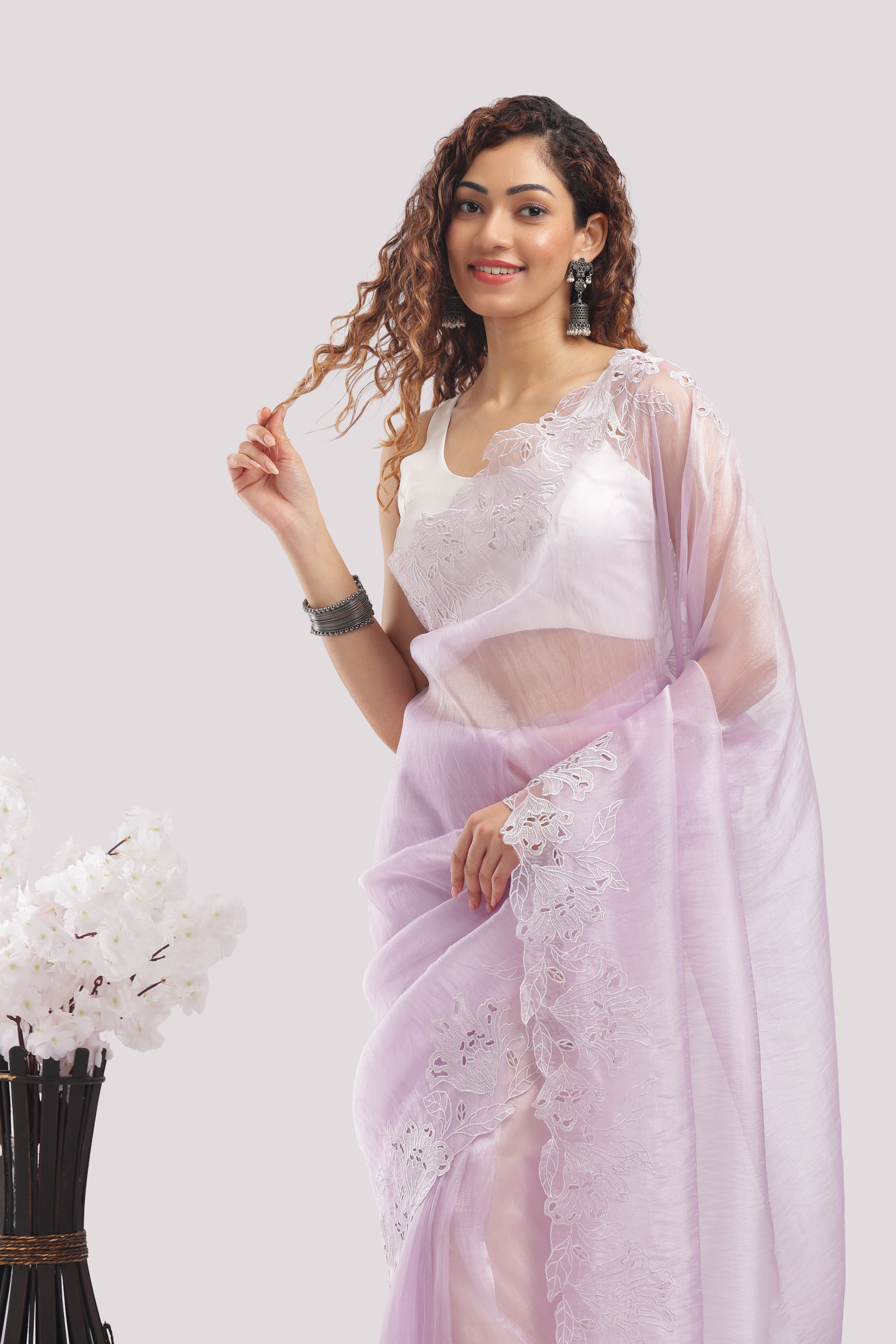 Banarasi tissue silk cut work saree - Light lavender