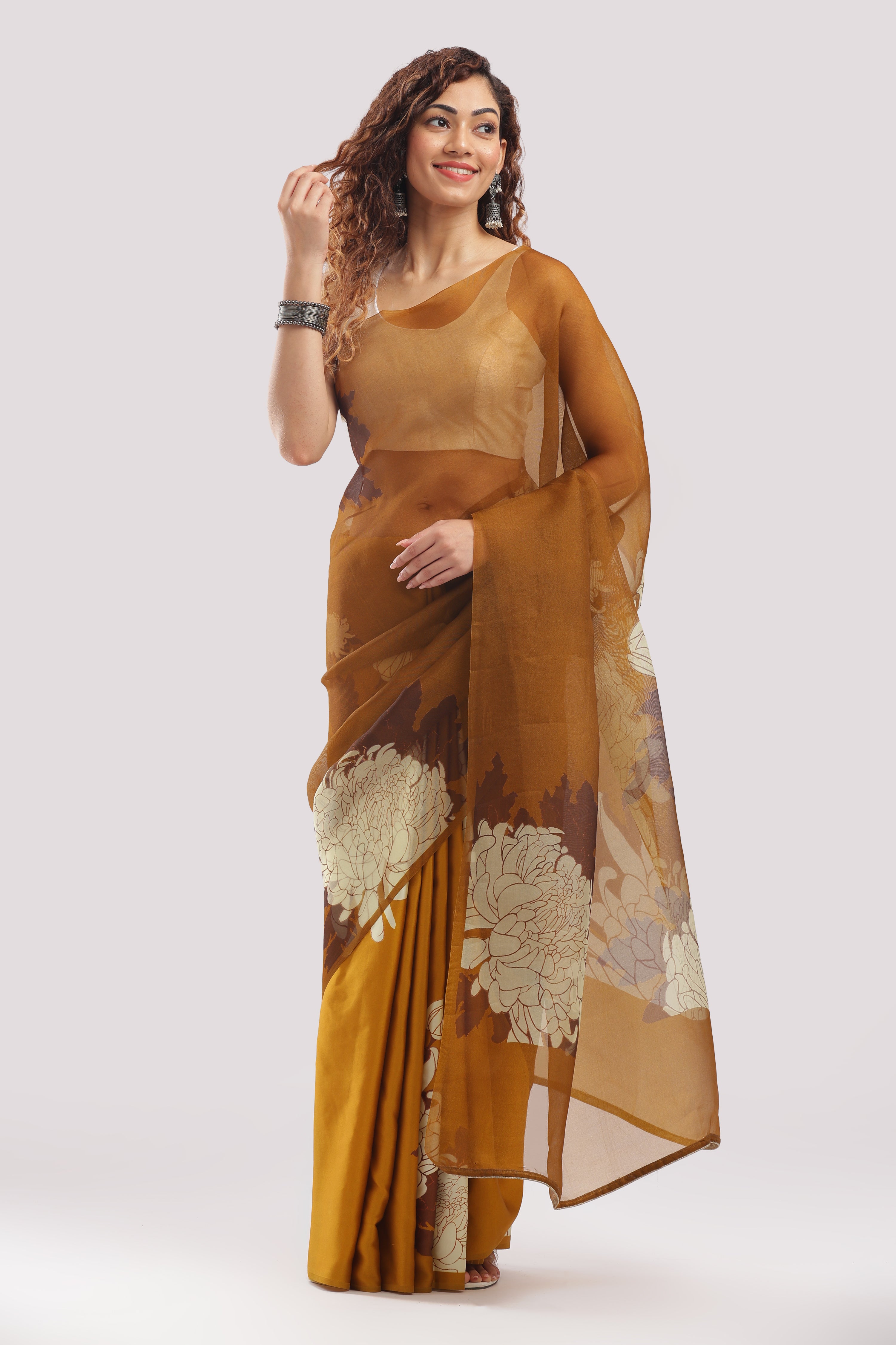 Silk Satin Body Organza Pallu Half And Half Saree - Mustard Brown