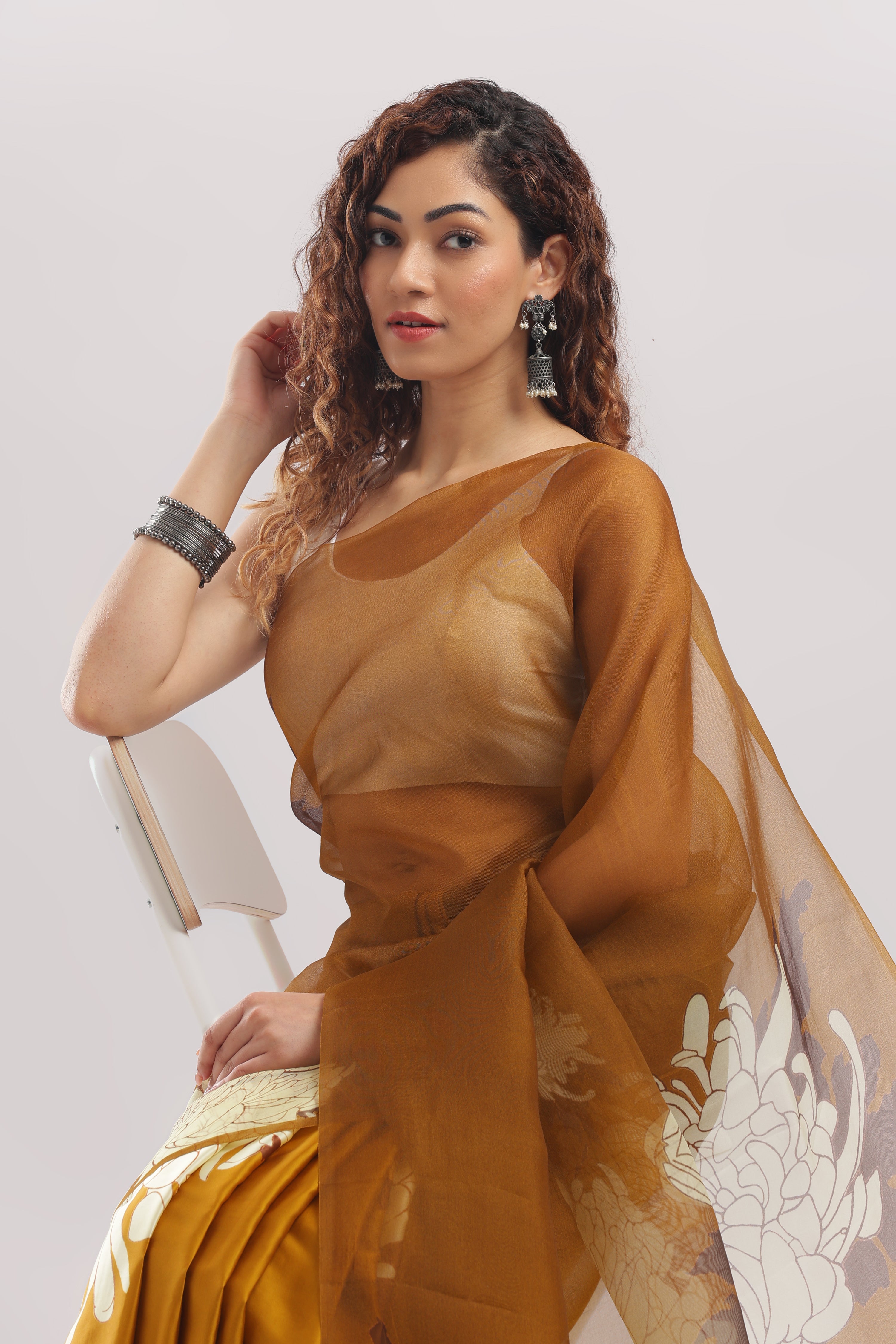 Silk Satin Body Organza Pallu Half And Half Saree - Mustard Brown