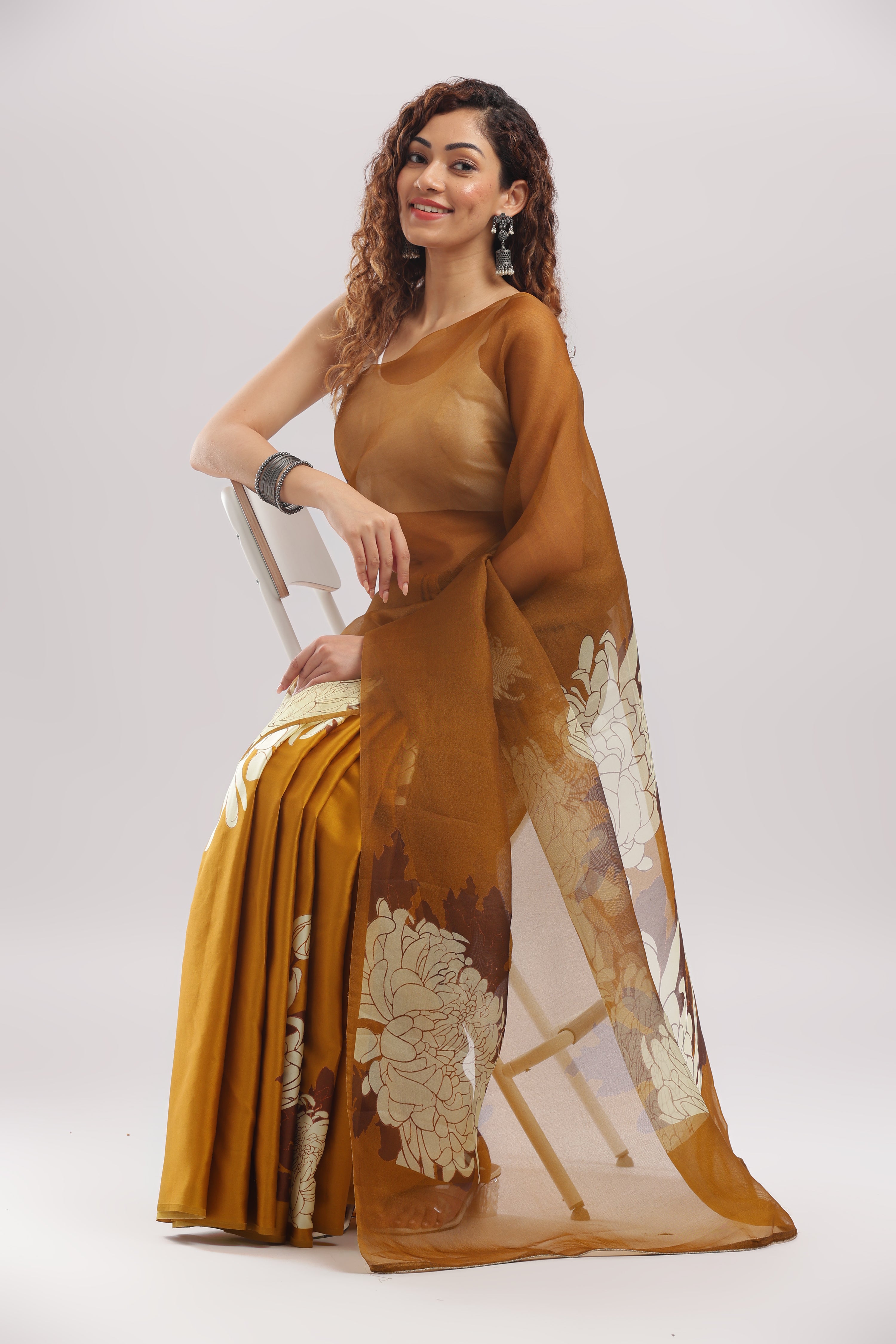 Silk Satin Body Organza Pallu Half And Half Saree - Mustard Brown
