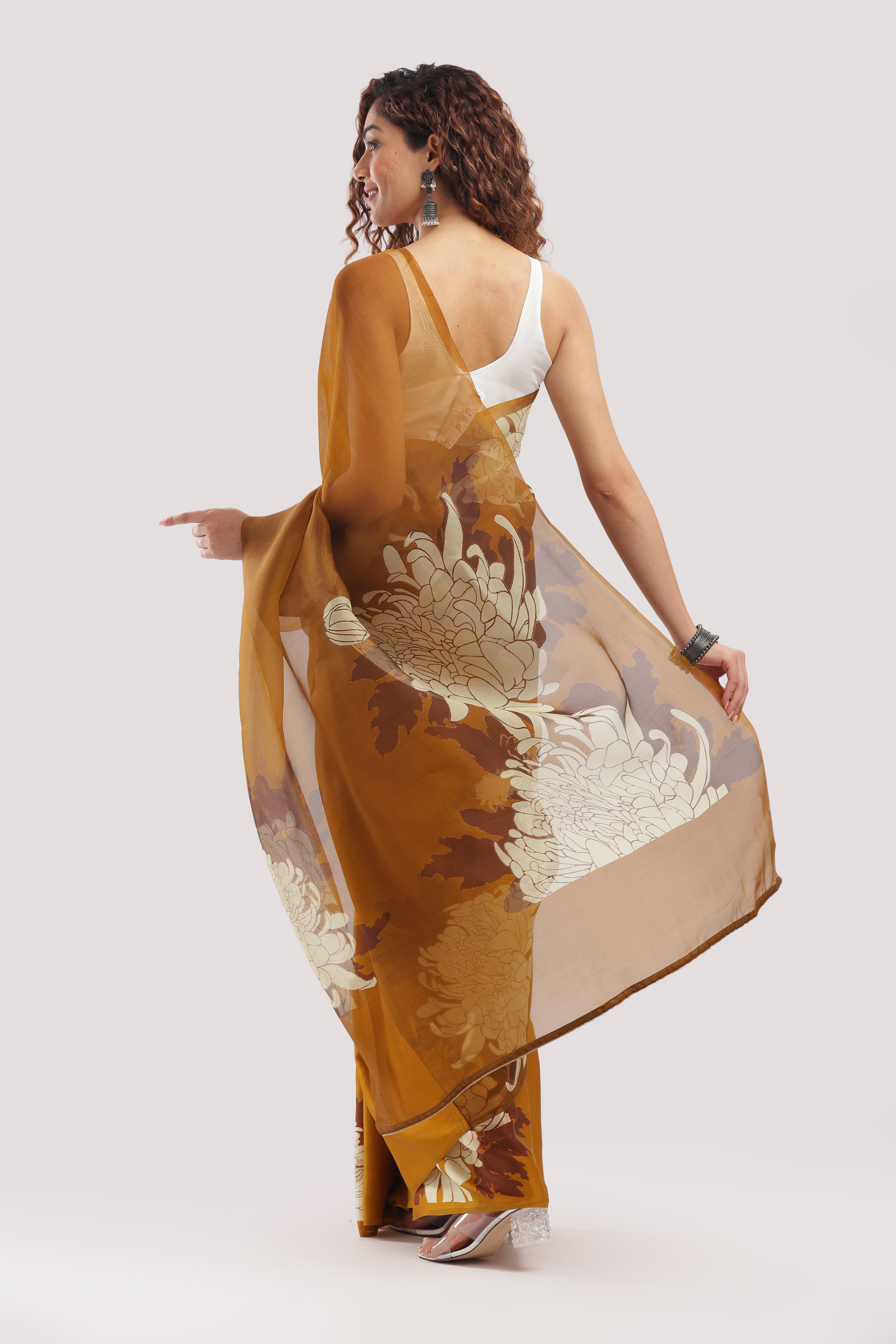 Silk Satin Body Organza Pallu Half And Half Saree - Mustard Brown