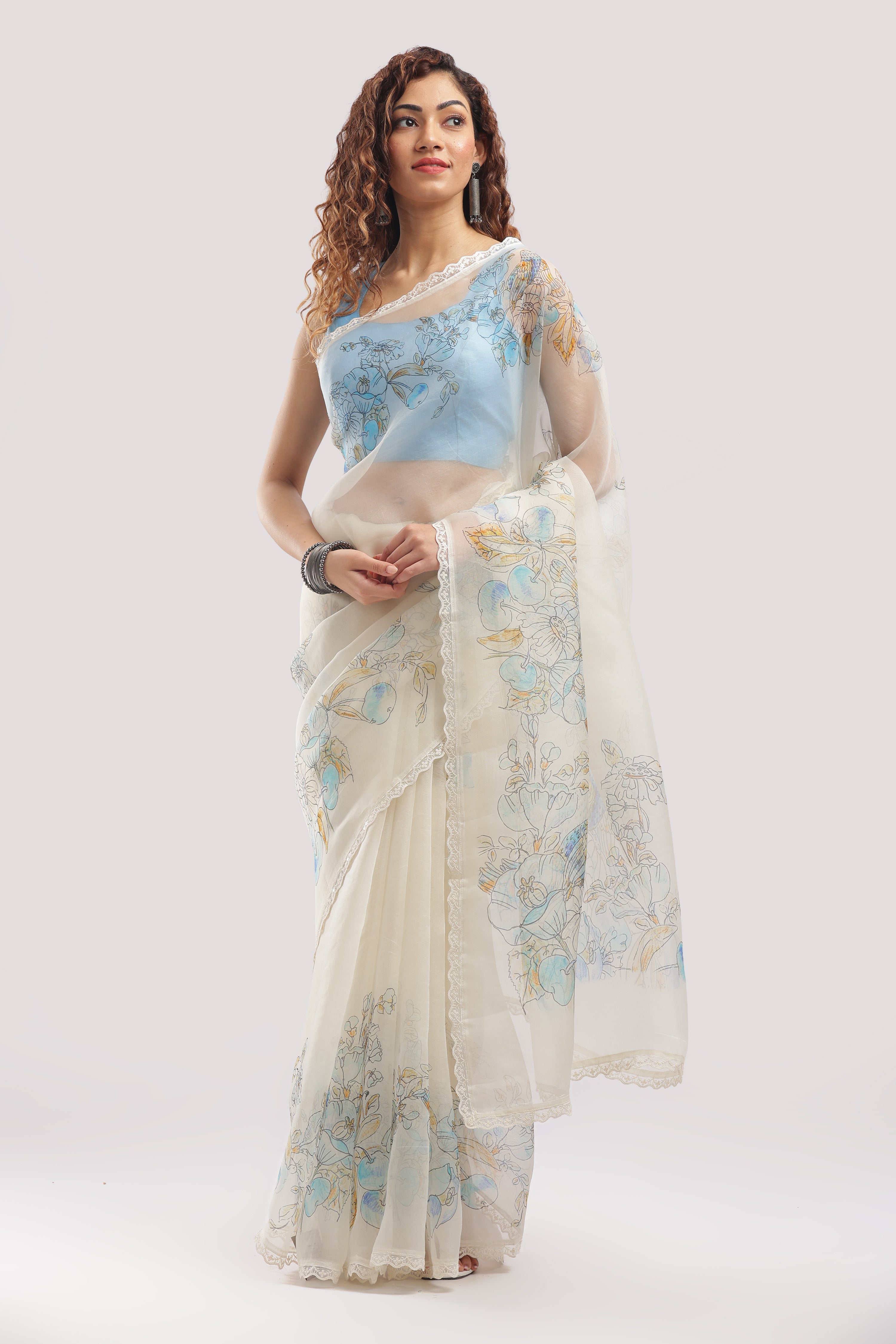 Pure Banarasi Silk Organza Digital Printed Saree - Ivory White