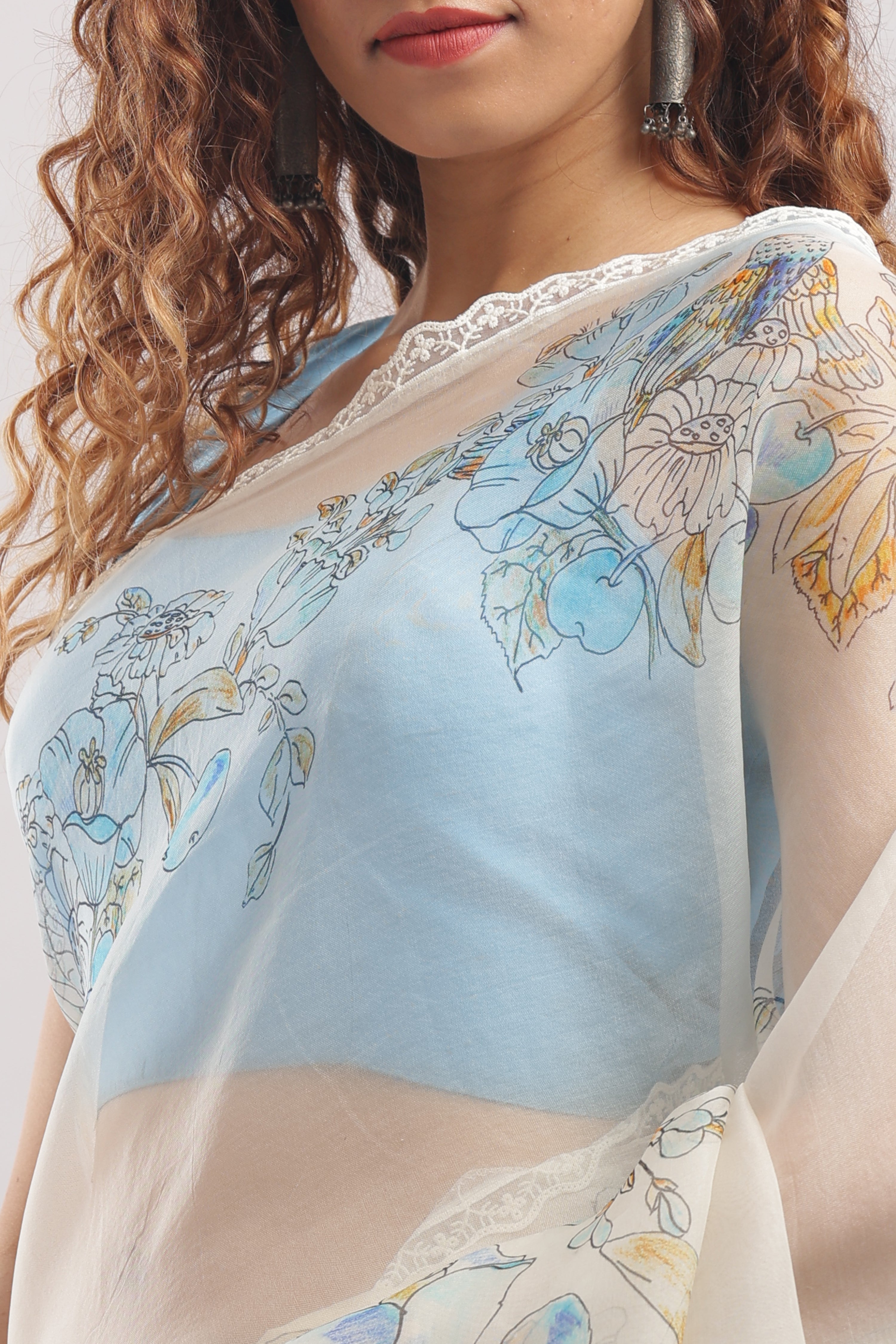 Pure Banarasi Silk Organza Digital Printed Saree - Ivory White