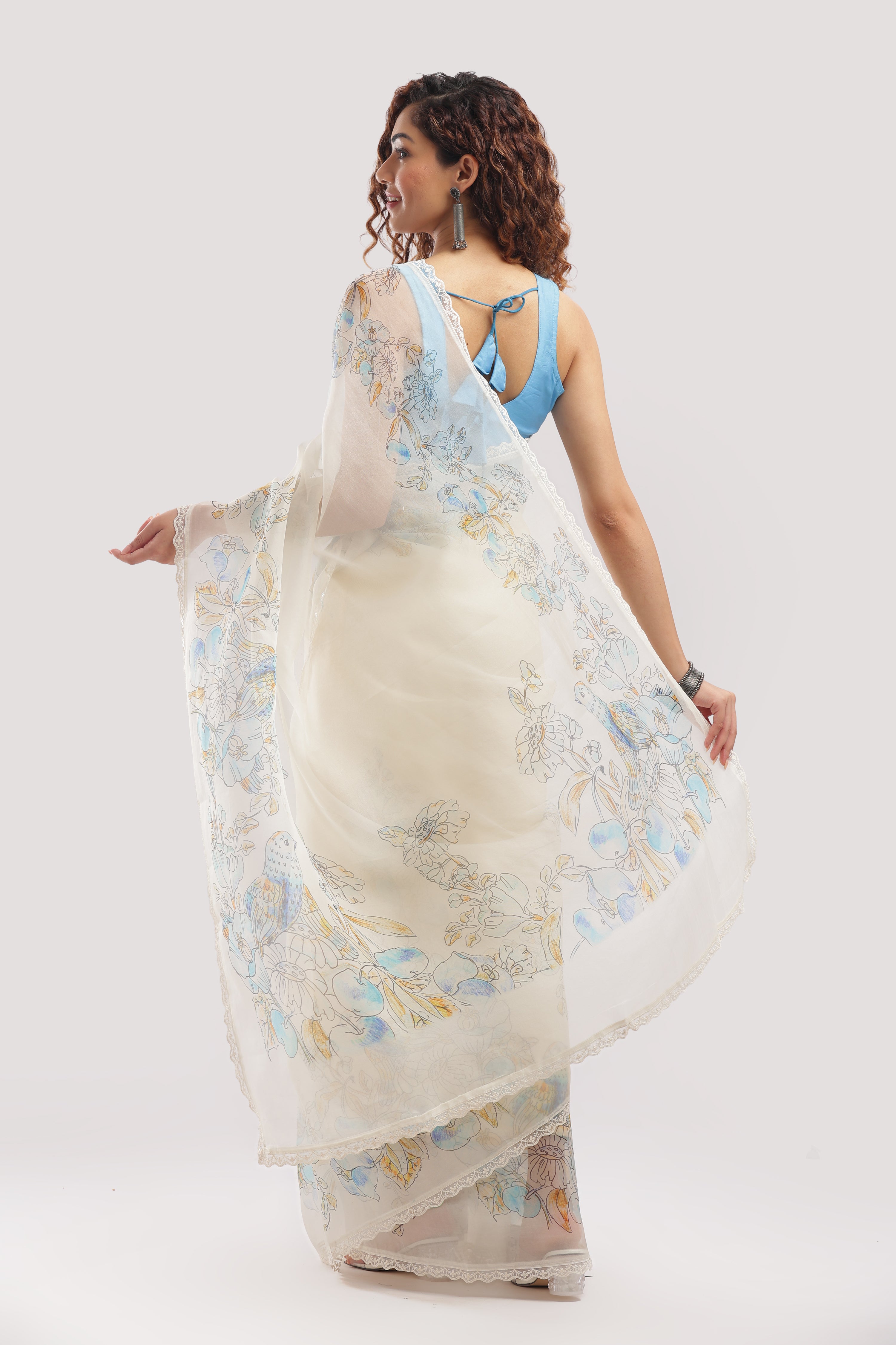 Pure Banarasi Silk Organza Digital Printed Saree - Ivory White
