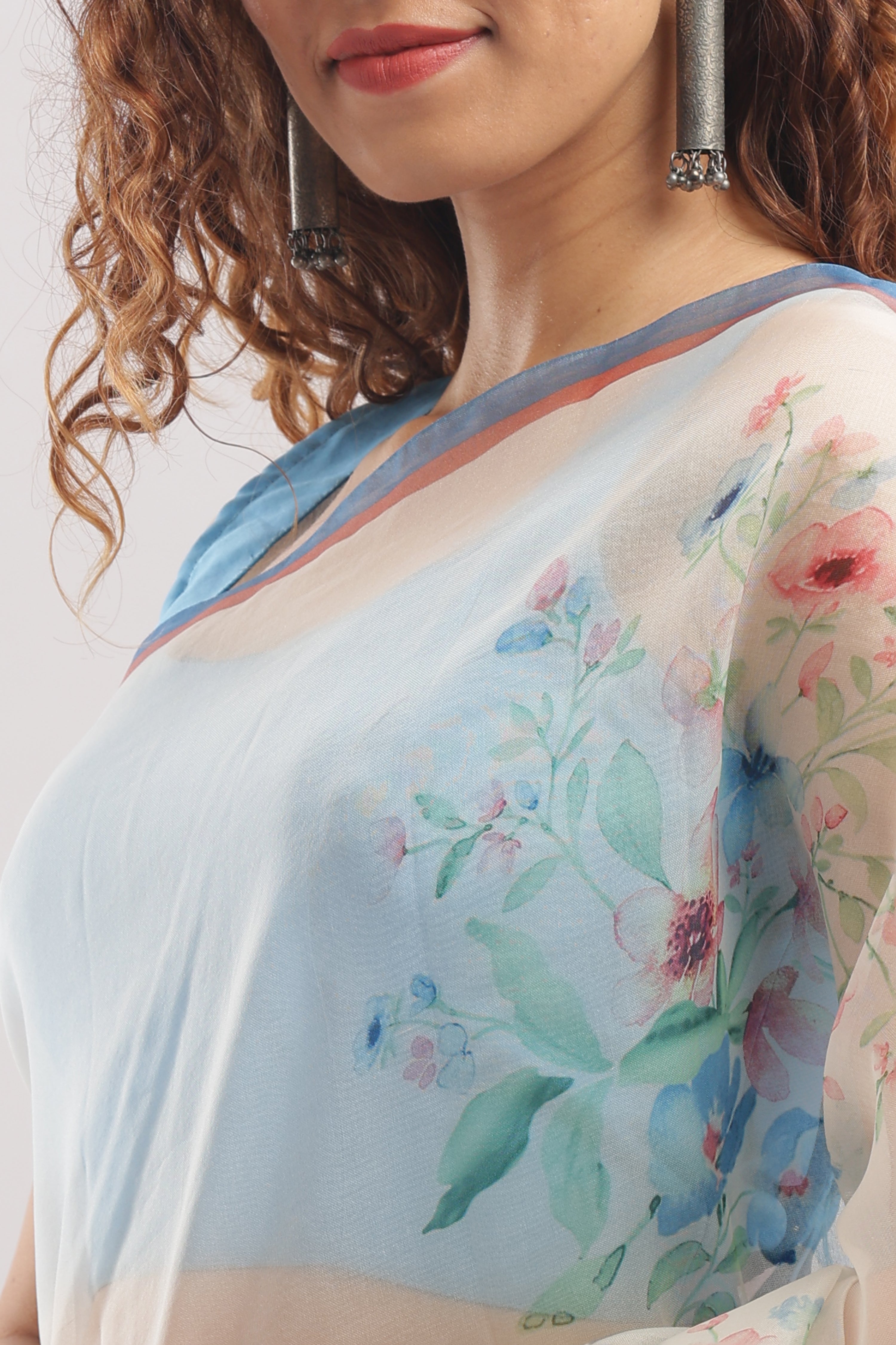 Silk Satin Body Organza Pallu Printed Half And Half Sarees - Ivory White