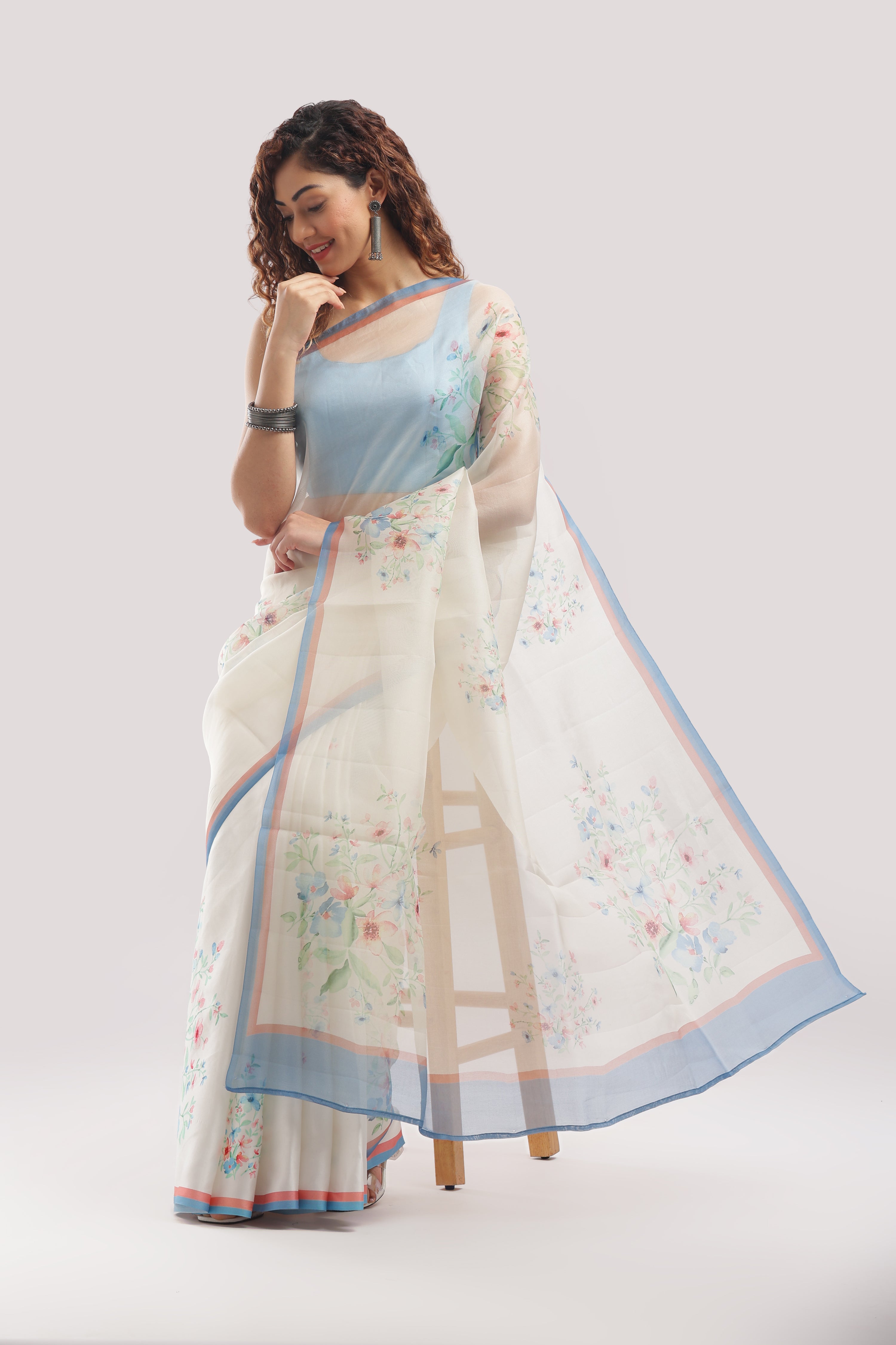 Silk Satin Body Organza Pallu Printed Half And Half Sarees - Ivory White