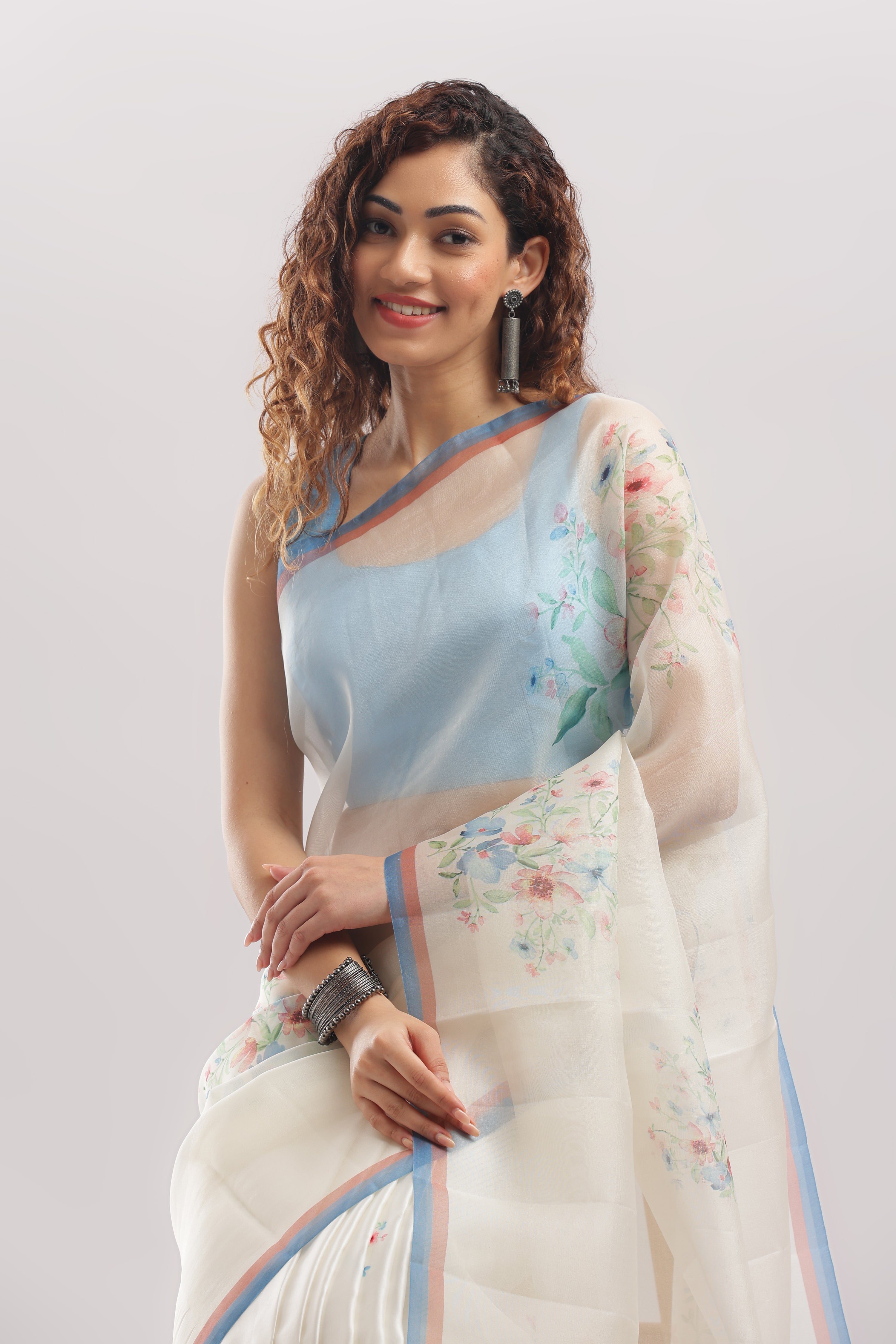 Silk Satin Body Organza Pallu Printed Half And Half Sarees - Ivory White