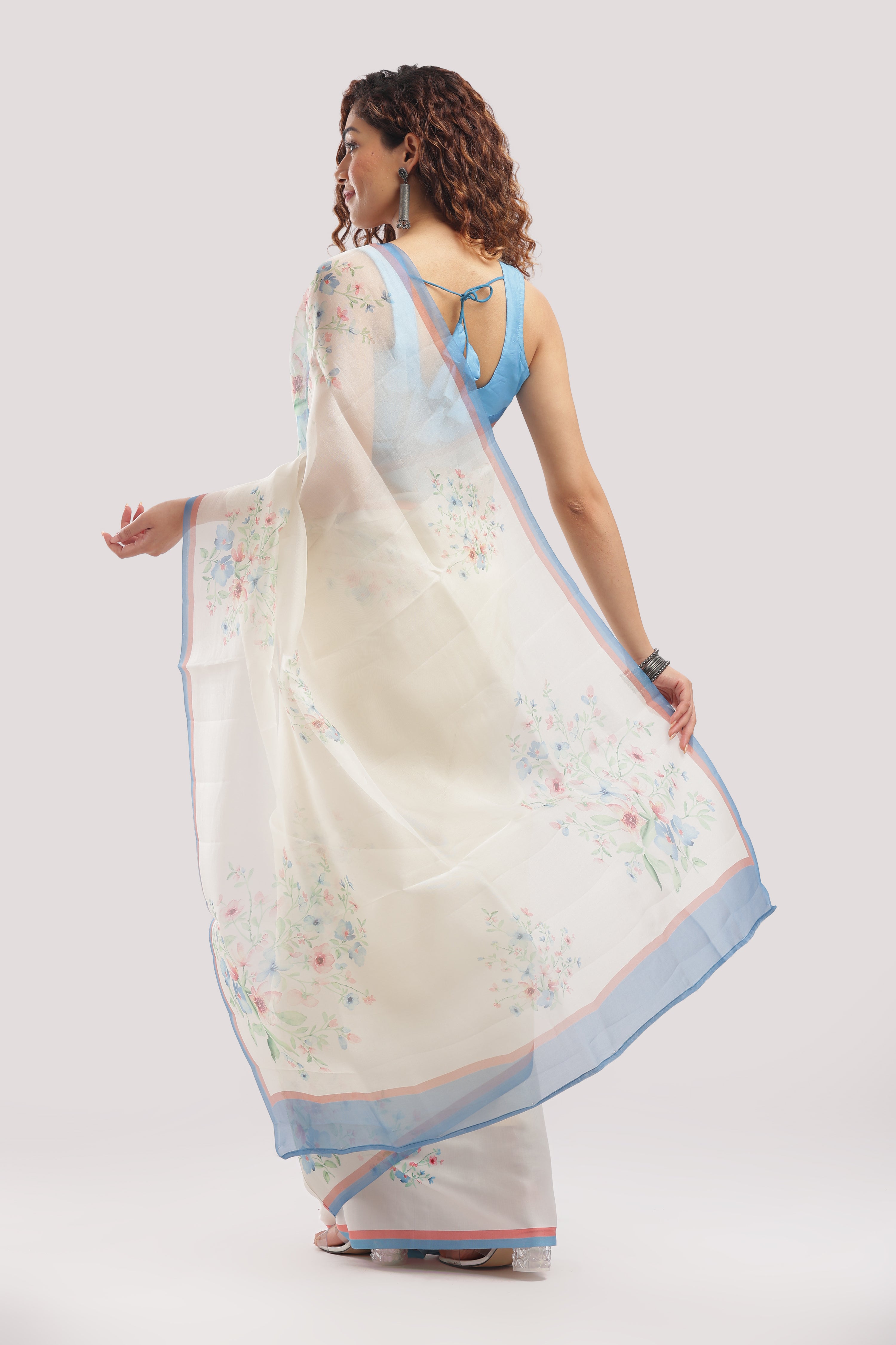 Silk Satin Body Organza Pallu Printed Half And Half Sarees - Ivory White
