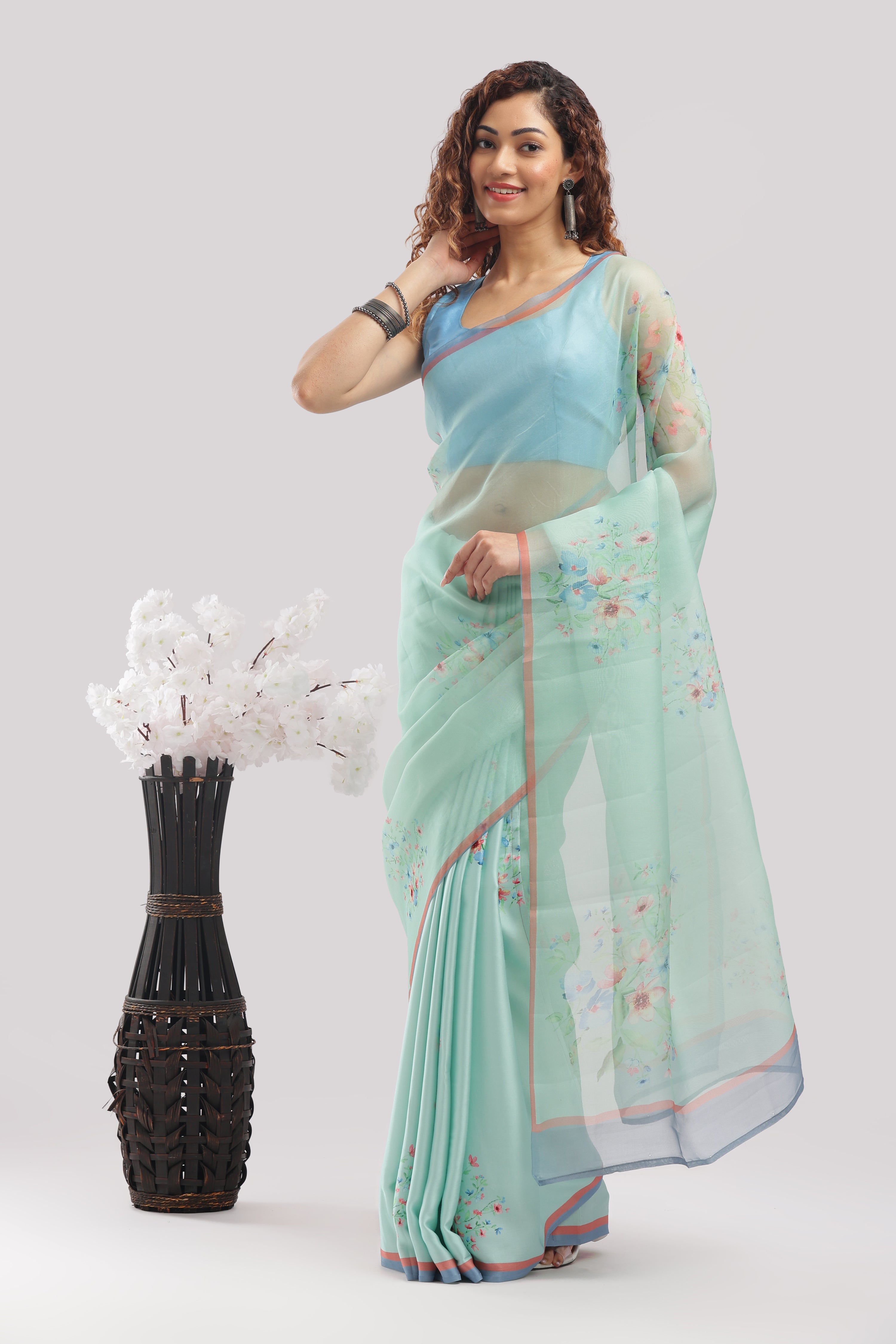 Silk Satin Body Organza Pallu Printed Half And Half Sarees - Mint green