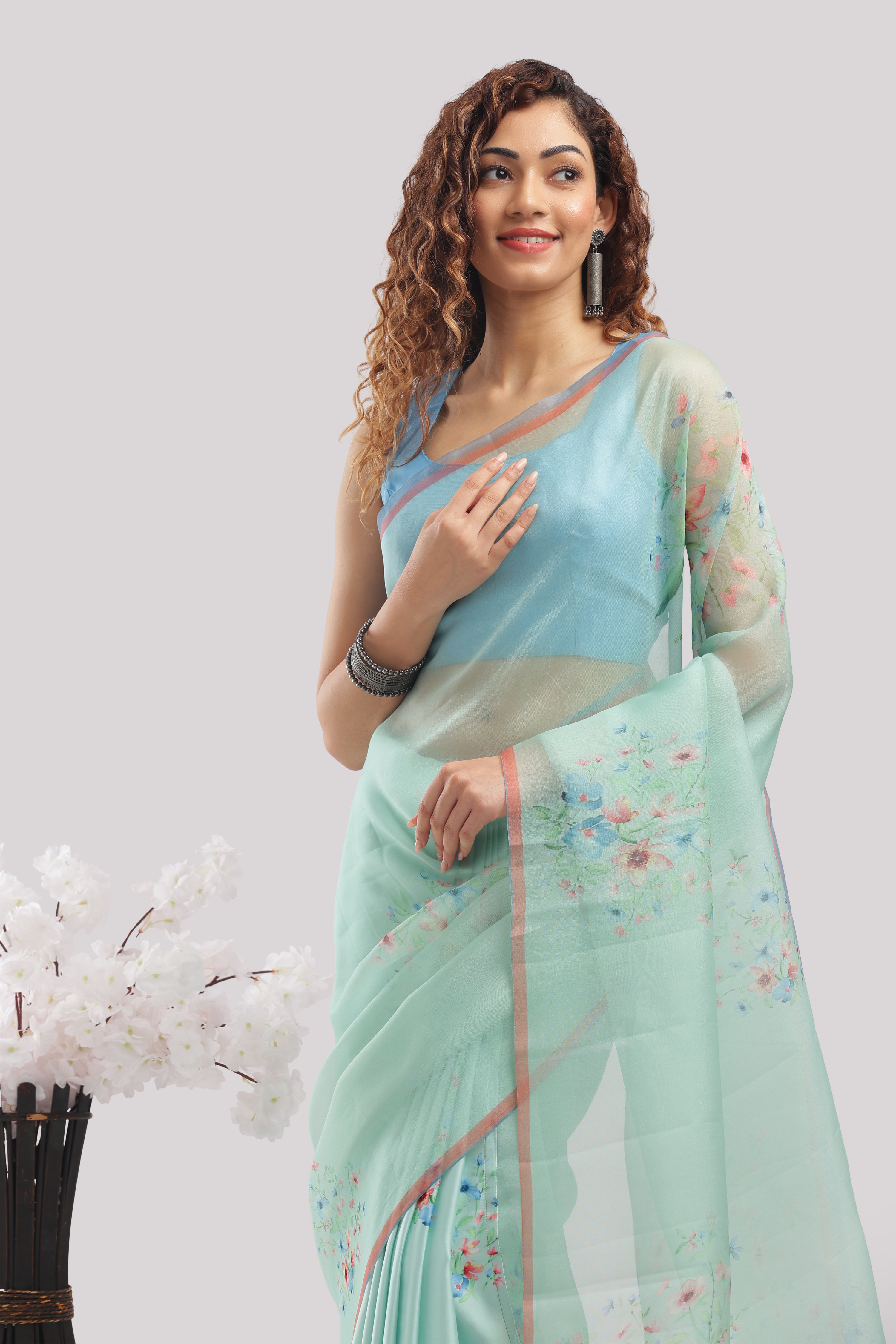 Silk Satin Body Organza Pallu Printed Half And Half Sarees - Mint green