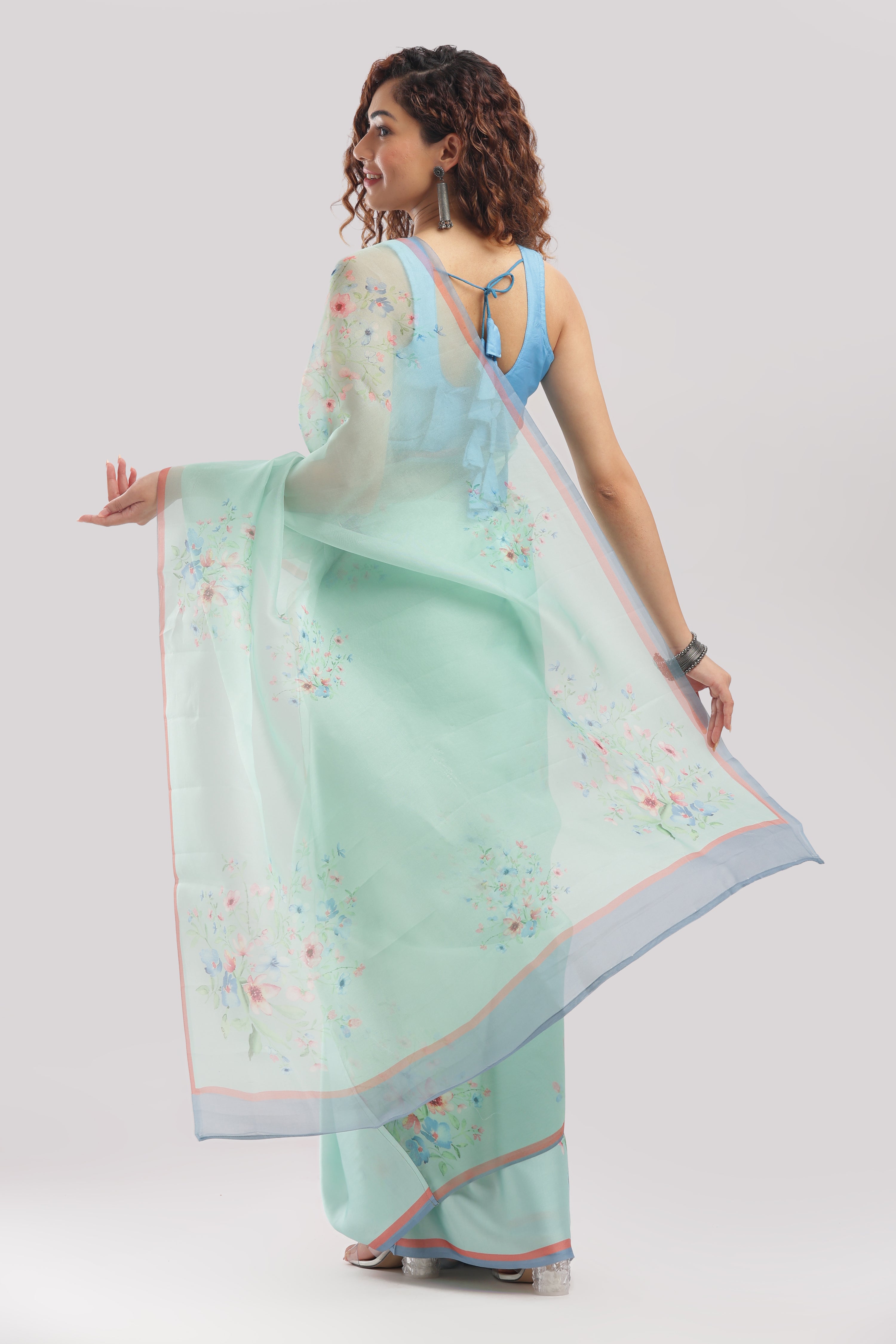 Silk Satin Body Organza Pallu Printed Half And Half Sarees - Mint green