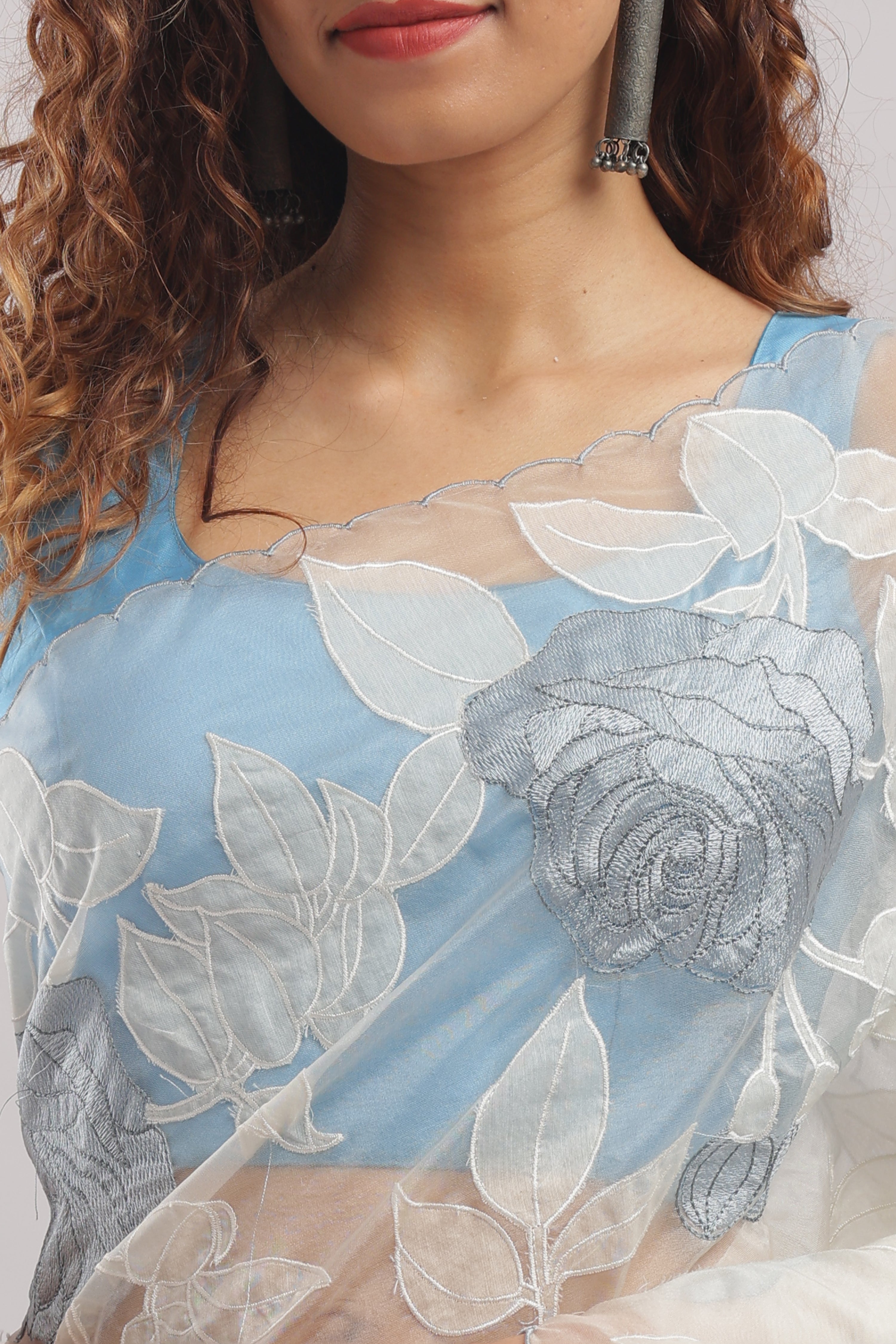 Banarasi Silk Organza Appliqué Saree - Ivory White Blue Appliqué