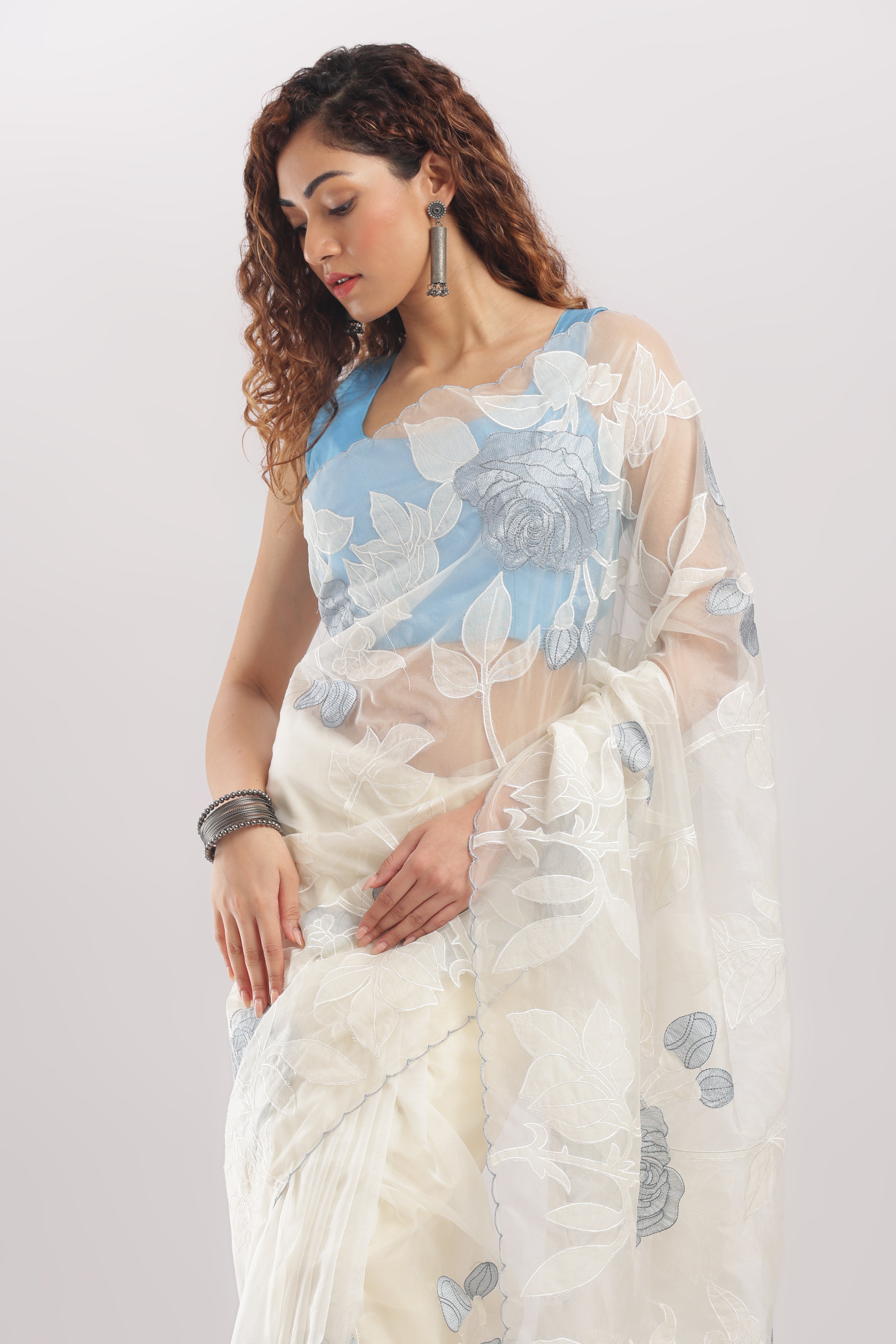 Banarasi Silk Organza Appliqué Saree - Ivory White Blue Appliqué