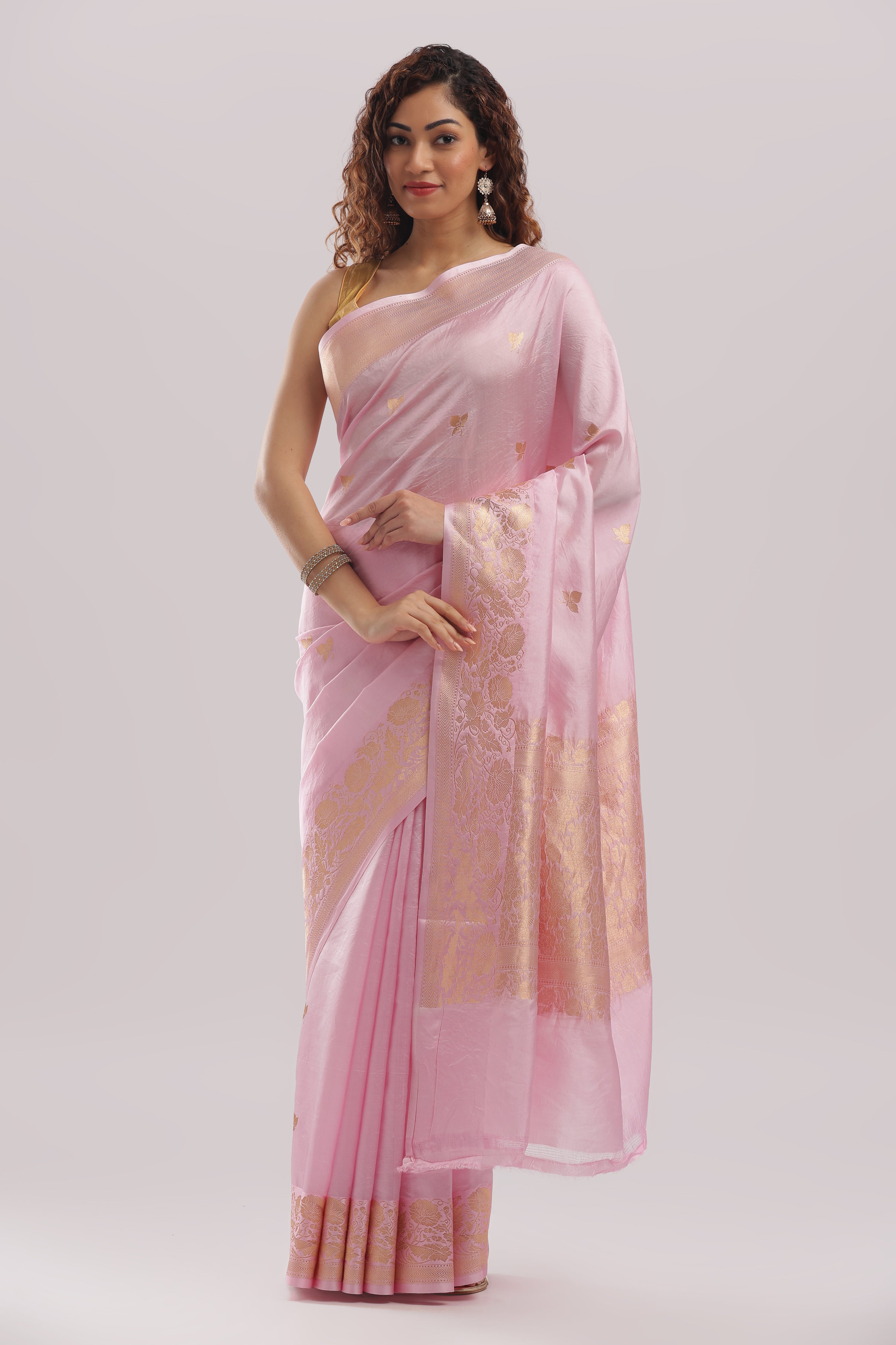 Pure Silk Katan Raw Mango Banarasi Saree - Baby Pink