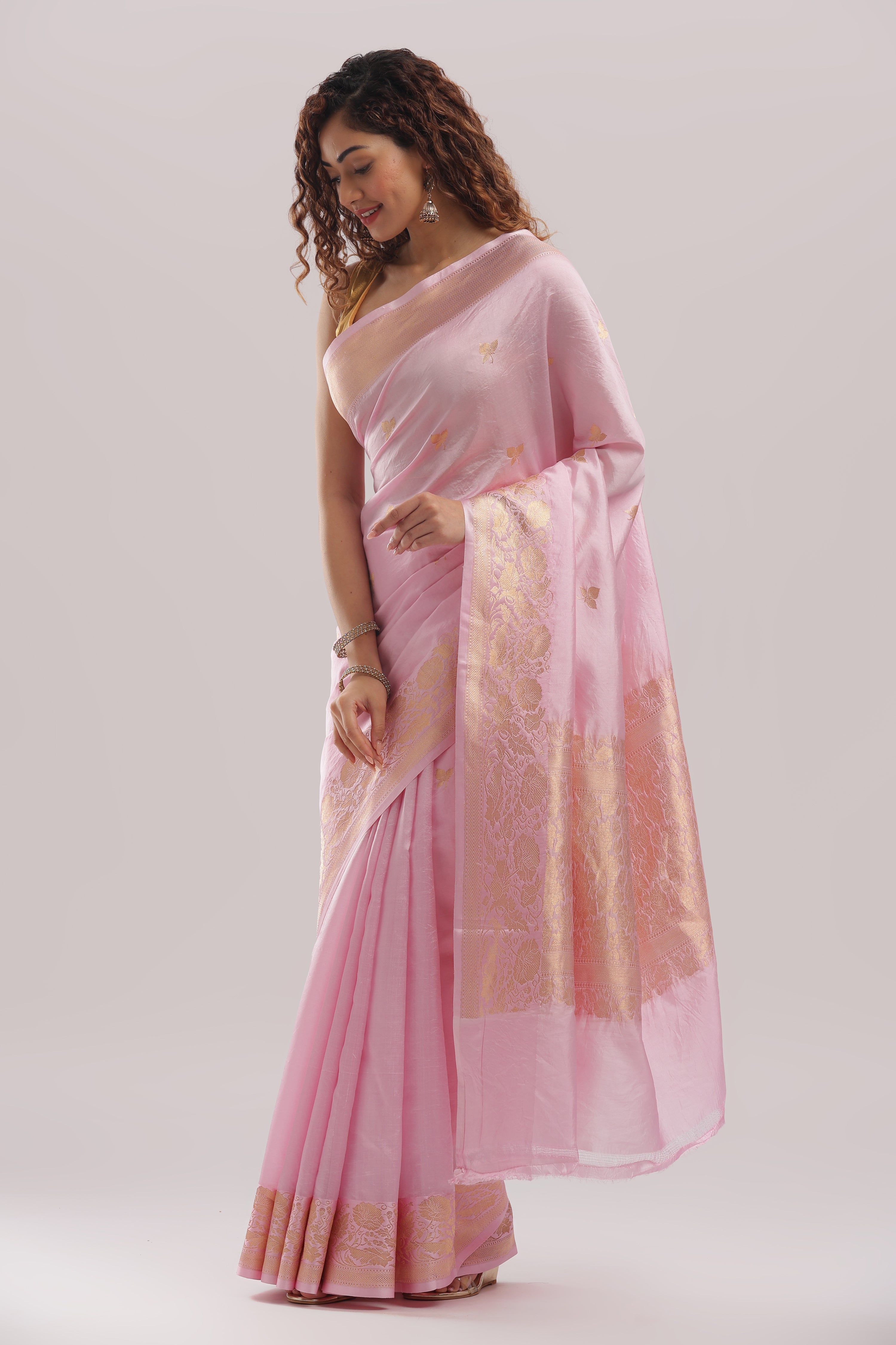 Pure Silk Katan Raw Mango Banarasi Saree - Baby Pink