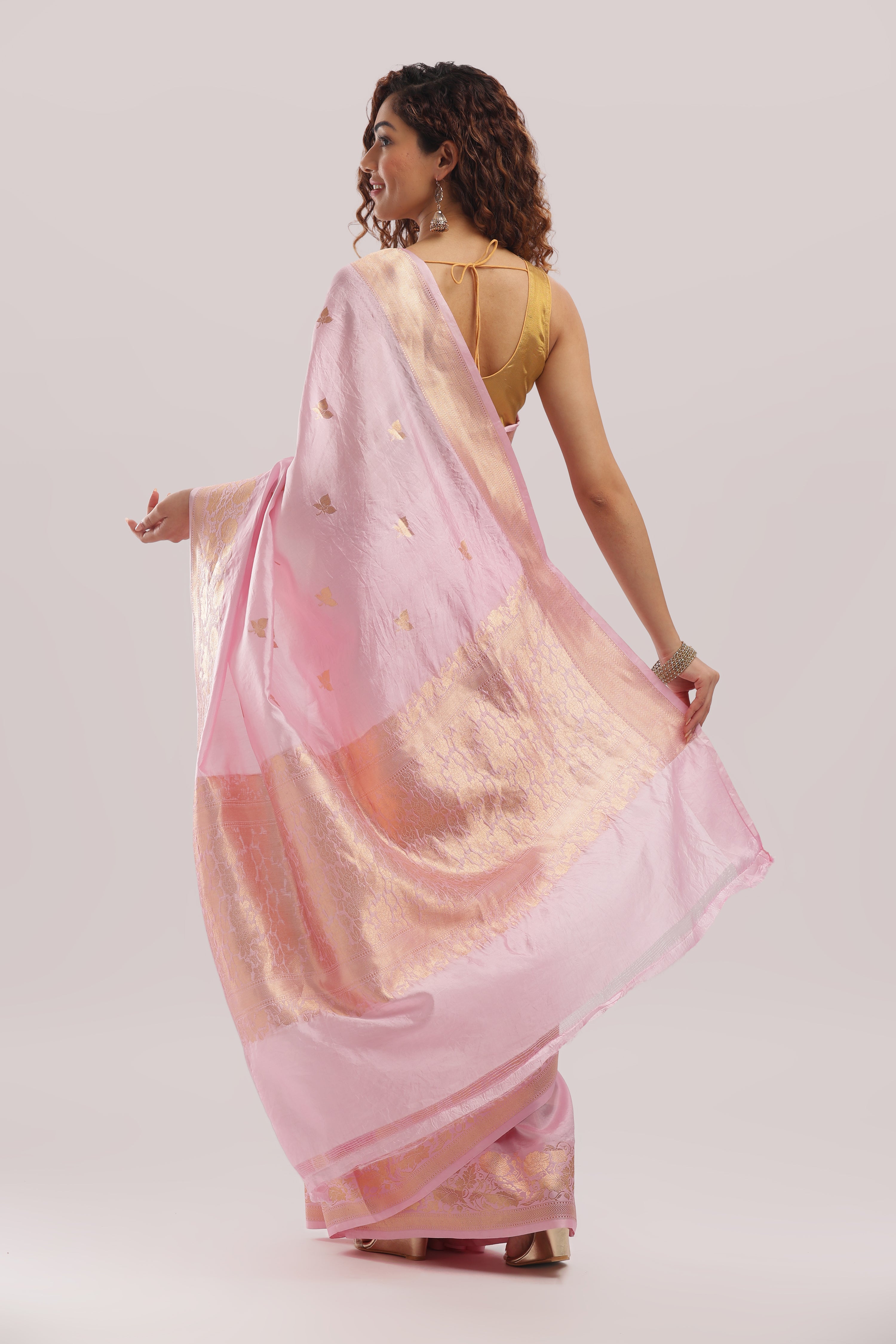 Pure Silk Katan Raw Mango Banarasi Saree - Baby Pink