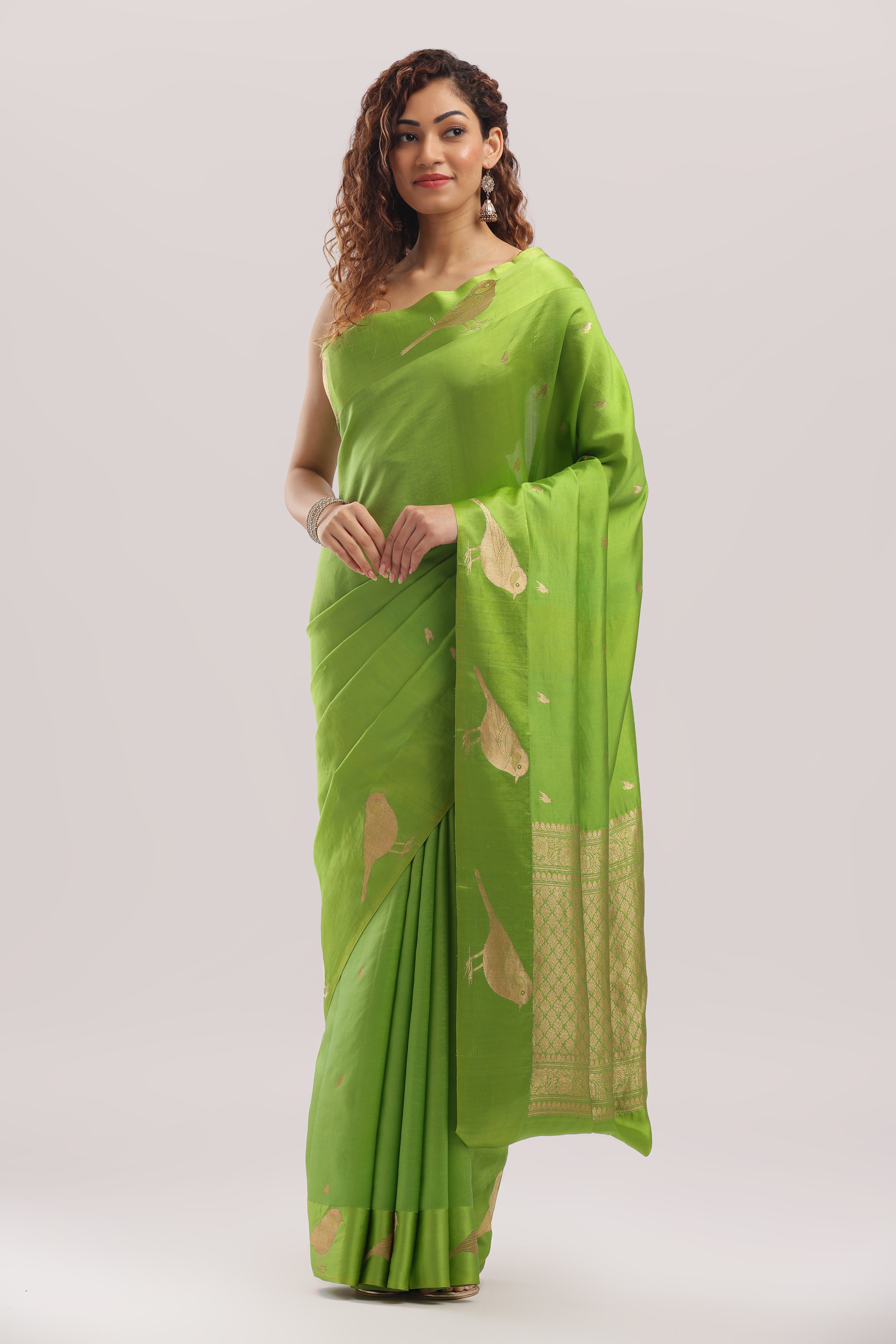 Pure Silk Katan Raw Mango Banarasi Saree - Parrot Green