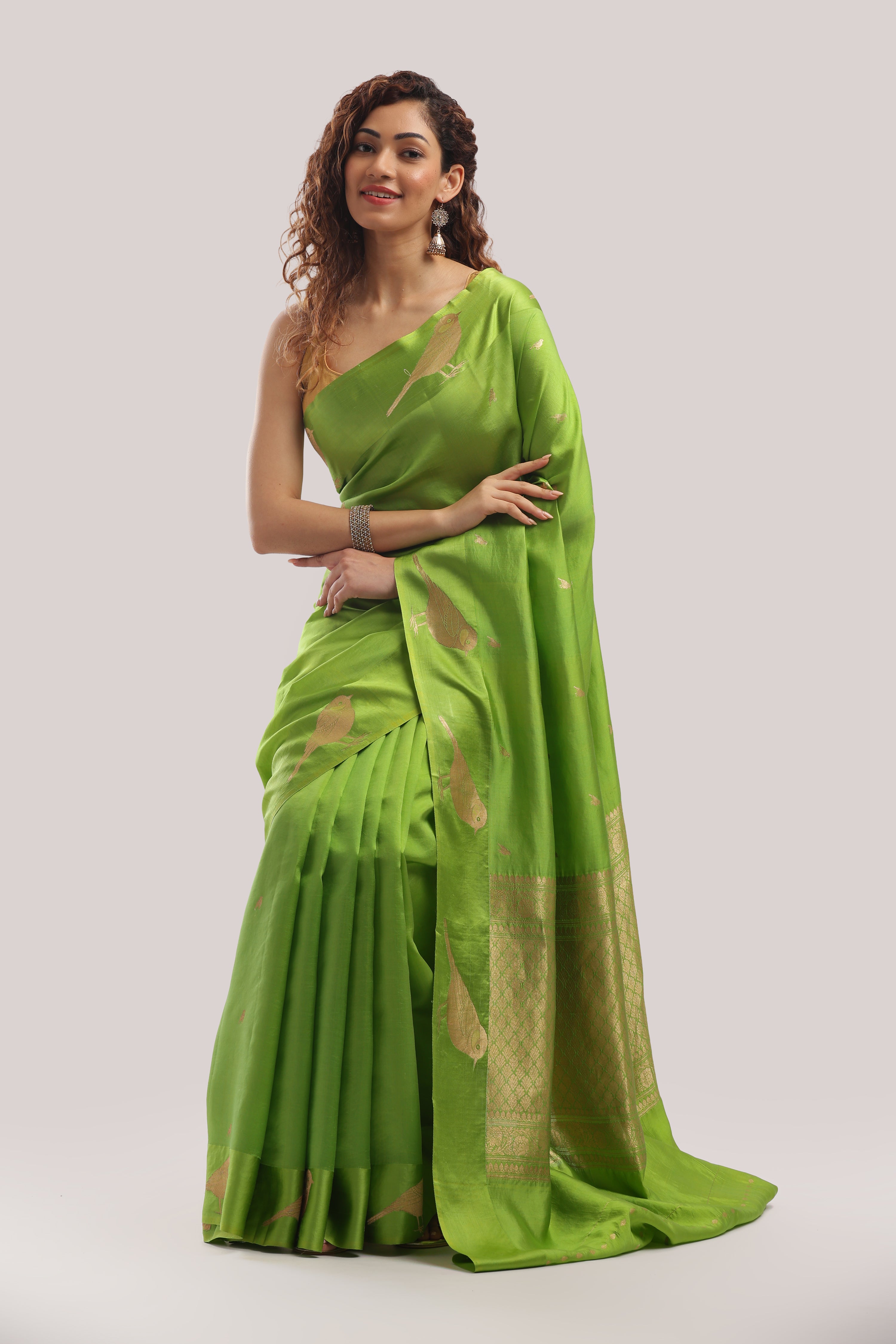 Pure Silk Katan Raw Mango Banarasi Saree - Parrot Green