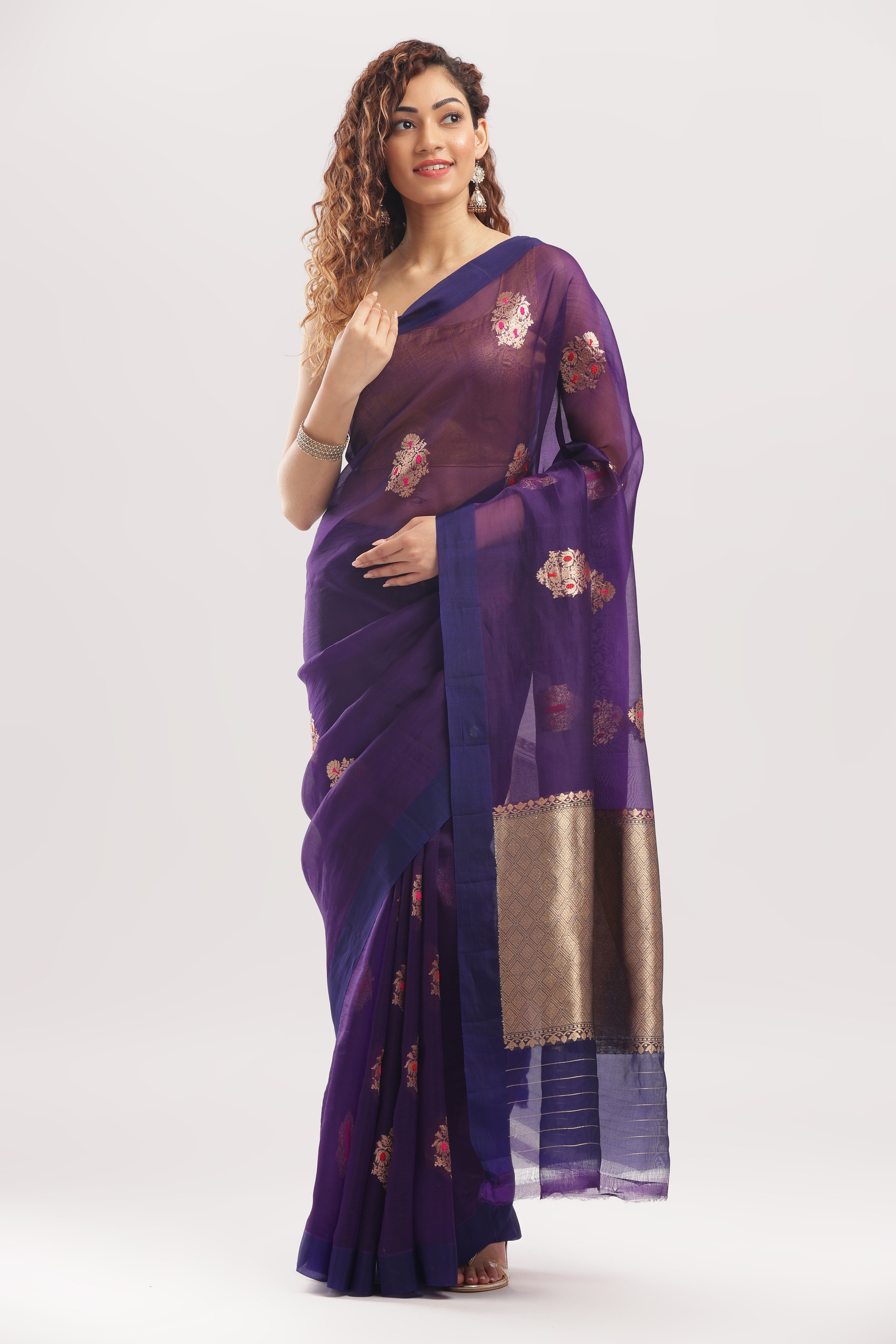 Pure Silk Banarasi Organza Kadhua Meena Butti Saree - Royal Purple