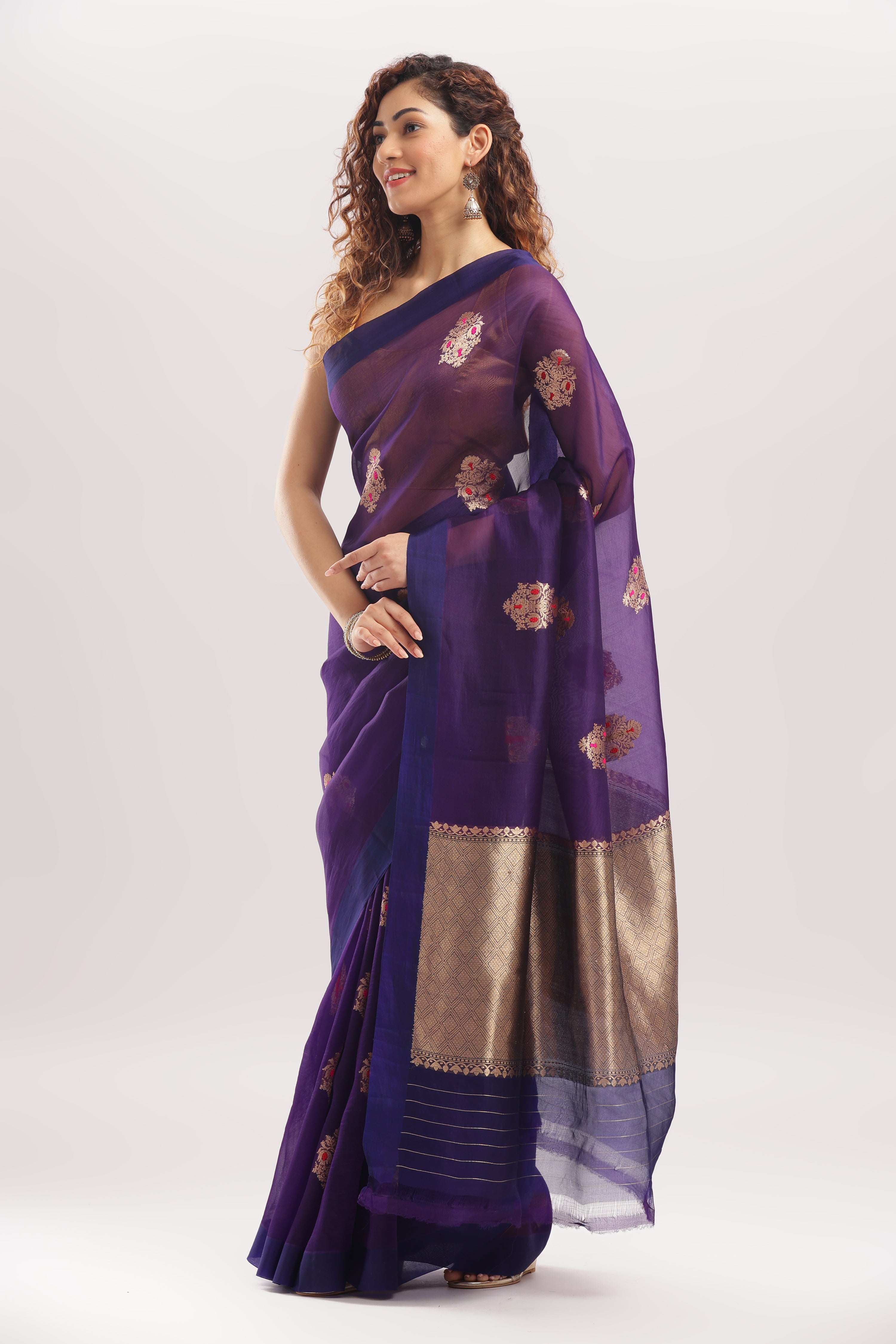 Pure Silk Banarasi Organza Kadhua Meena Butti Saree - Royal Purple