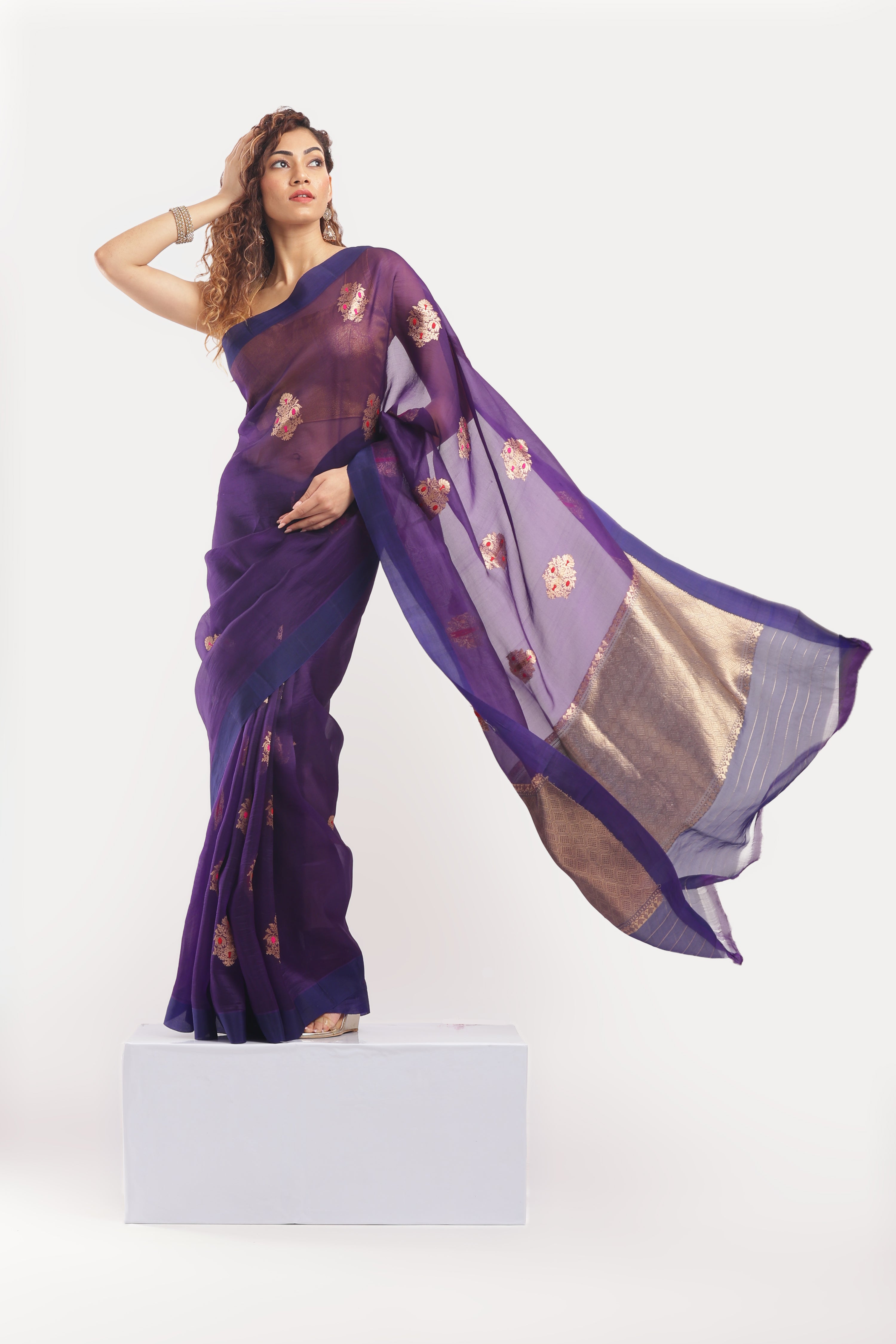 Pure Silk Banarasi Organza Kadhua Meena Butti Saree - Royal Purple