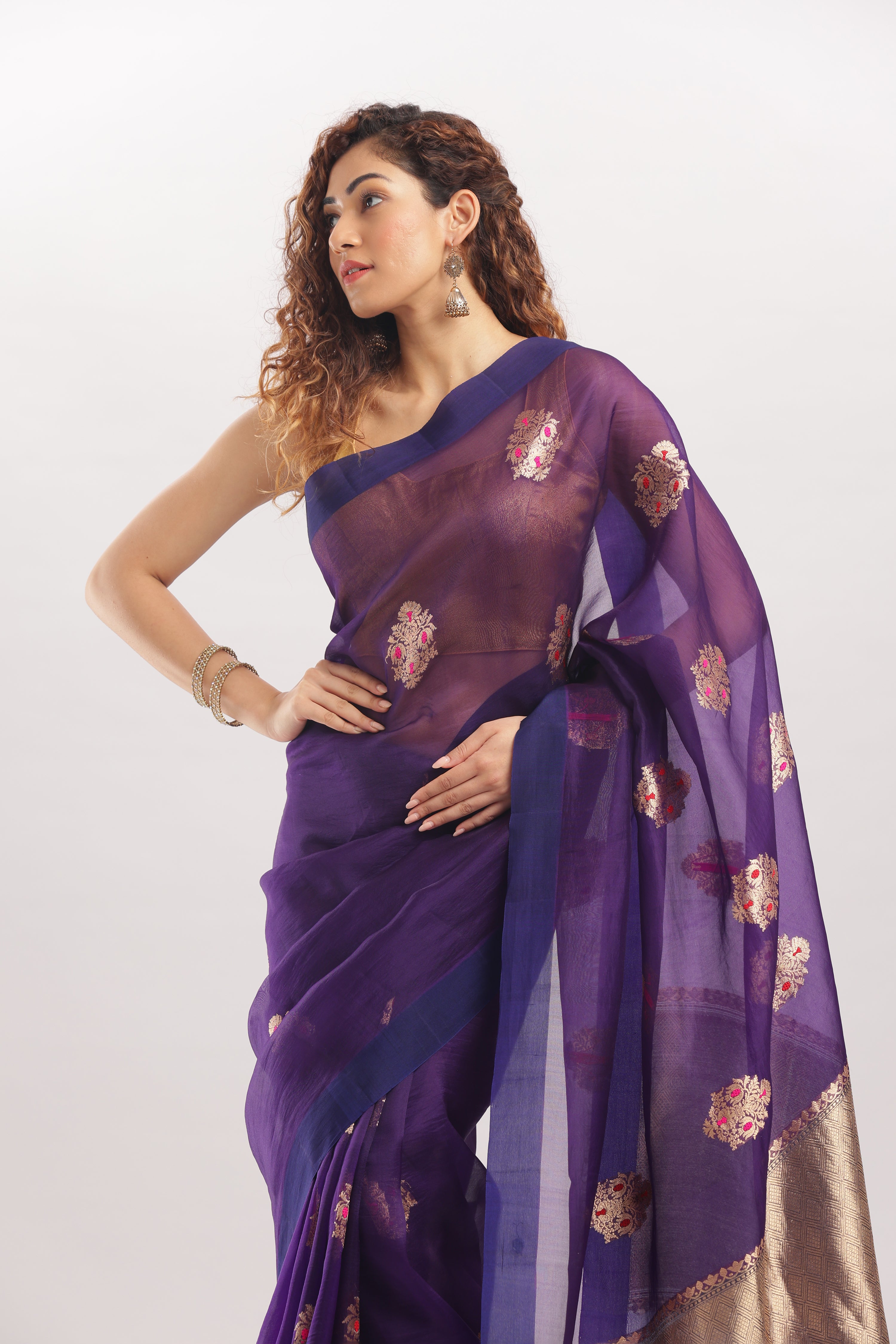 Pure Silk Banarasi Organza Kadhua Meena Butti Saree - Royal Purple