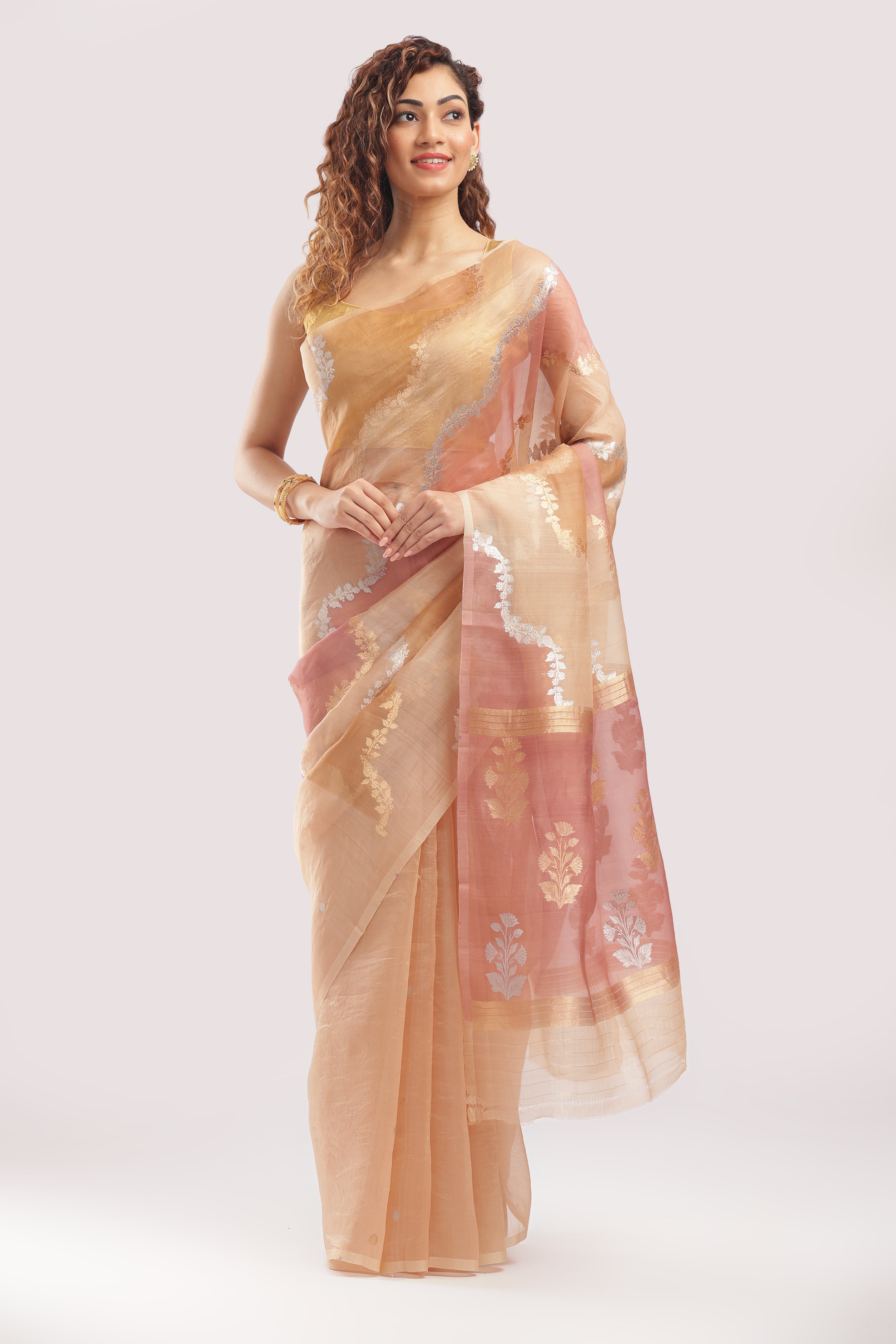 Pure Silk Banarasi Organza Rangkat Saree - Peach
