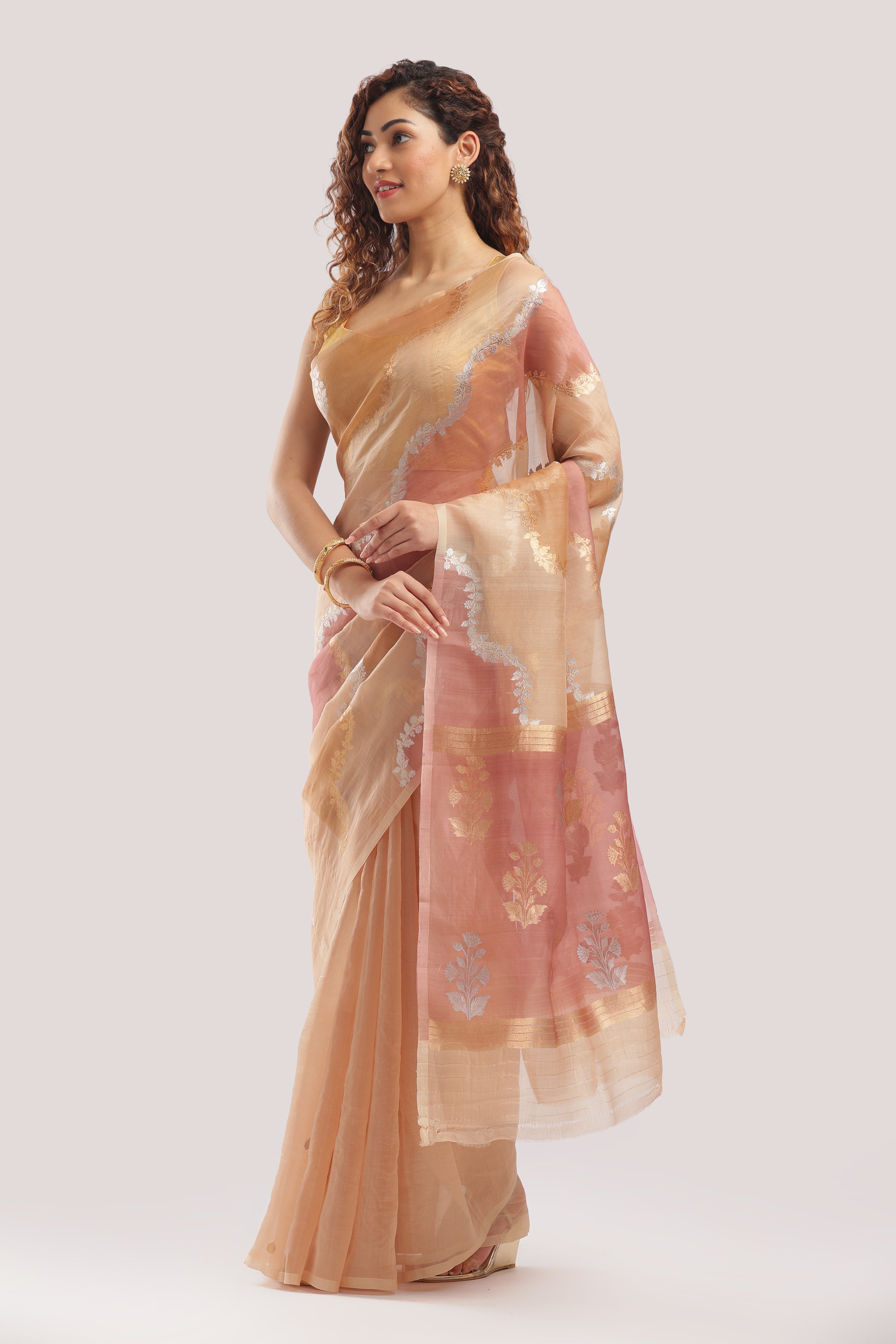Pure Silk Banarasi Organza Rangkat Saree - Peach
