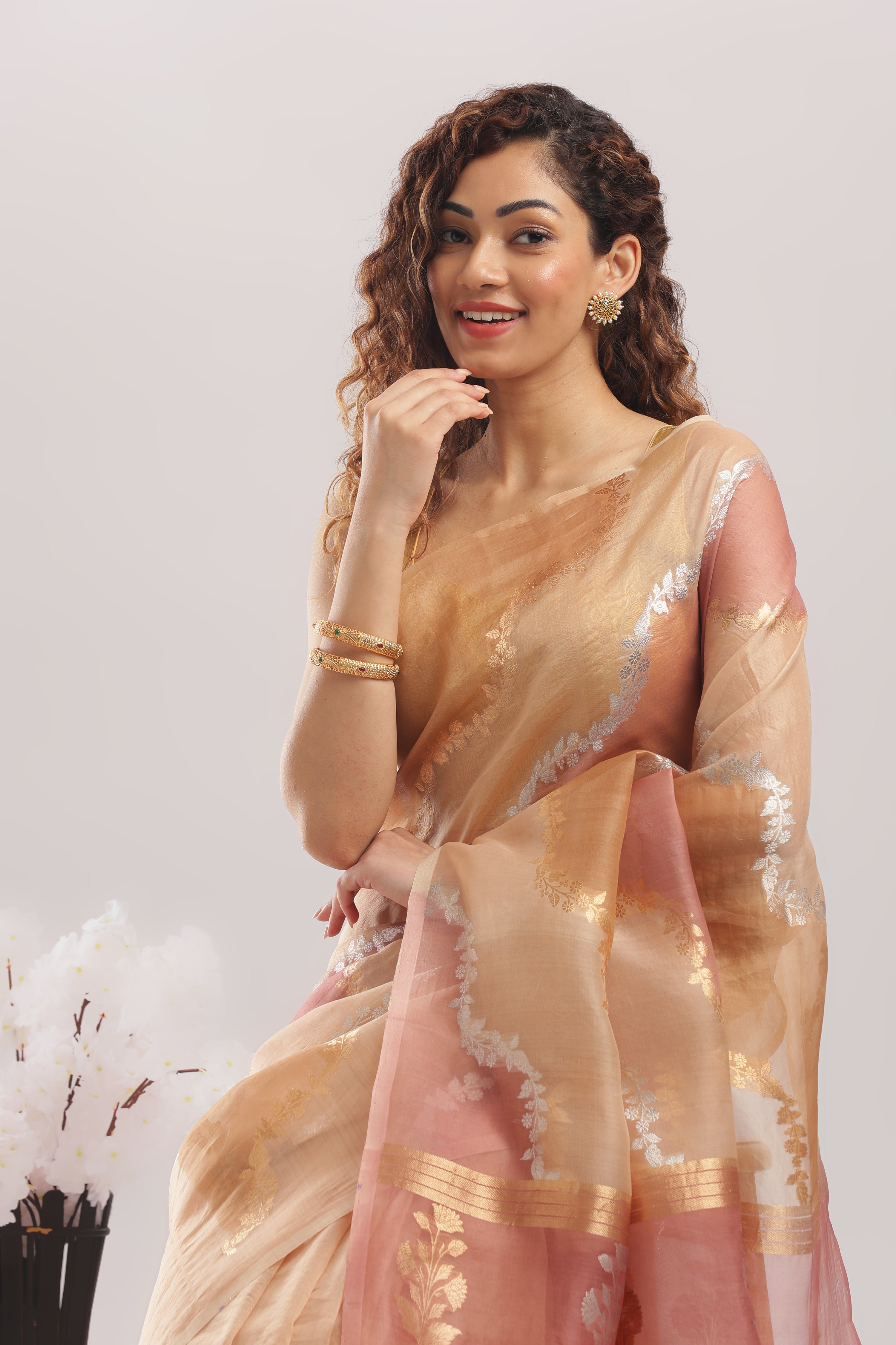 Pure Silk Banarasi Organza Rangkat Saree - Peach