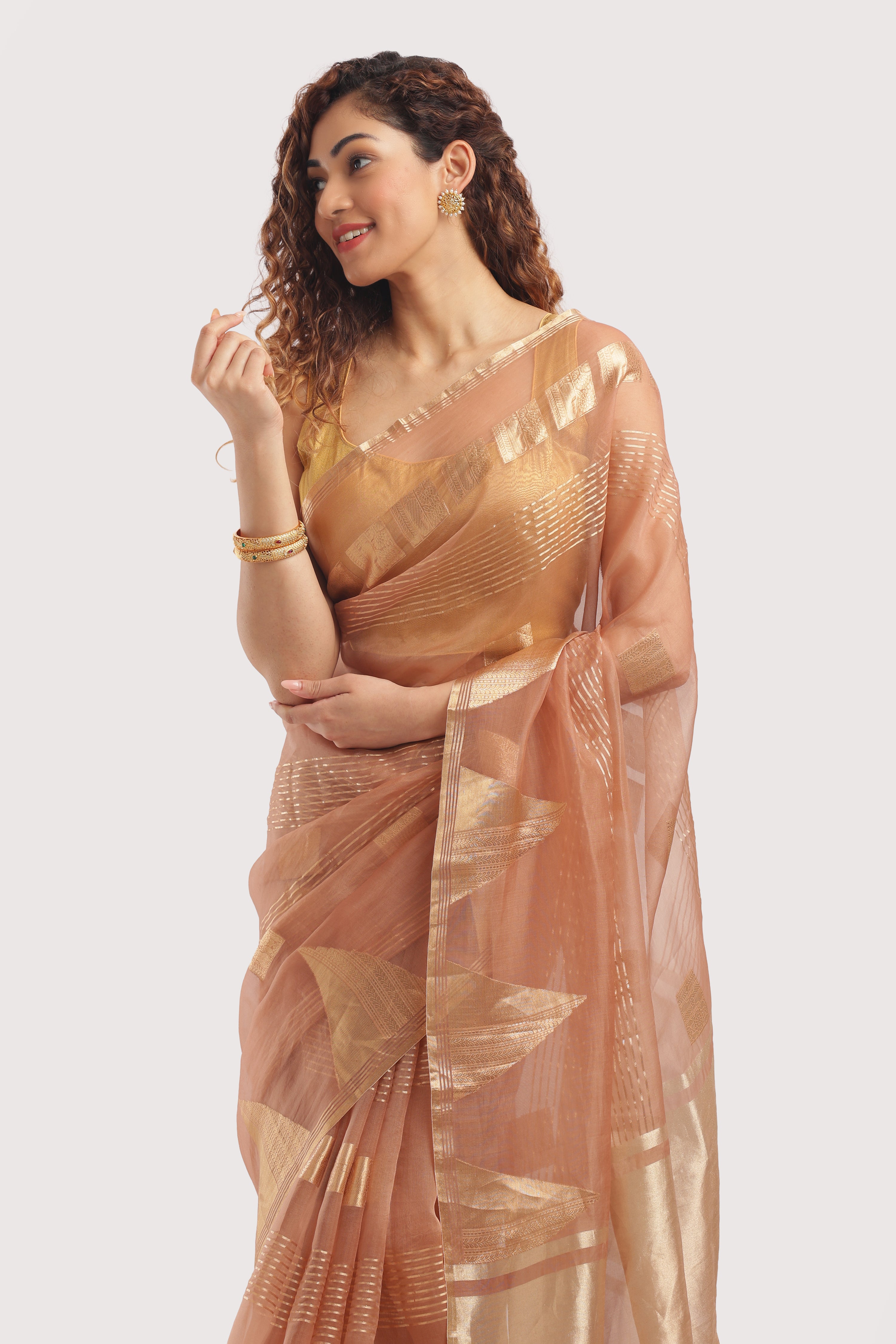Pure Banarasi Silk Organza Butti Saree - Warm Peach