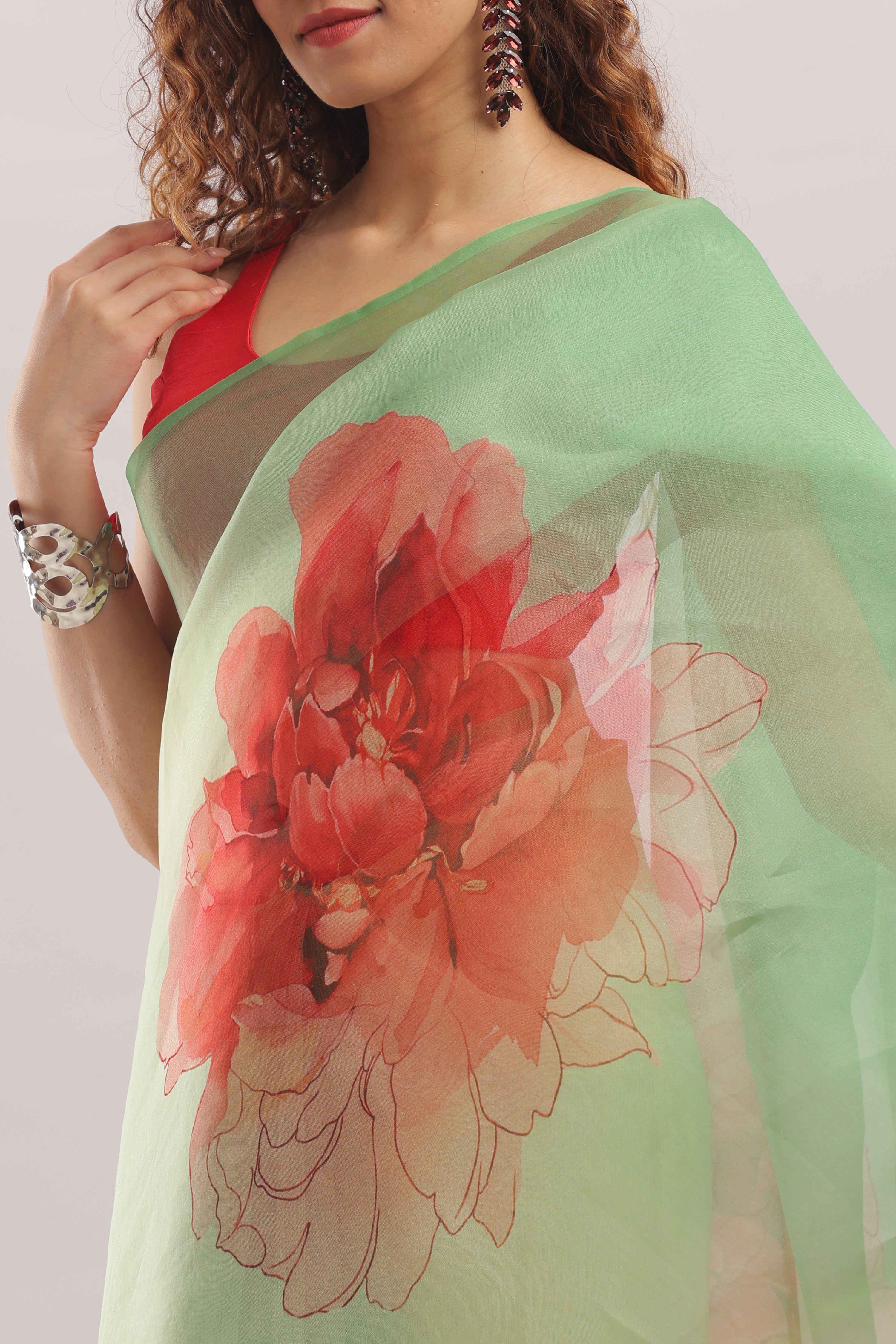 Banarasi Silk Organza Digital Print Flower Motive Saree - Green
