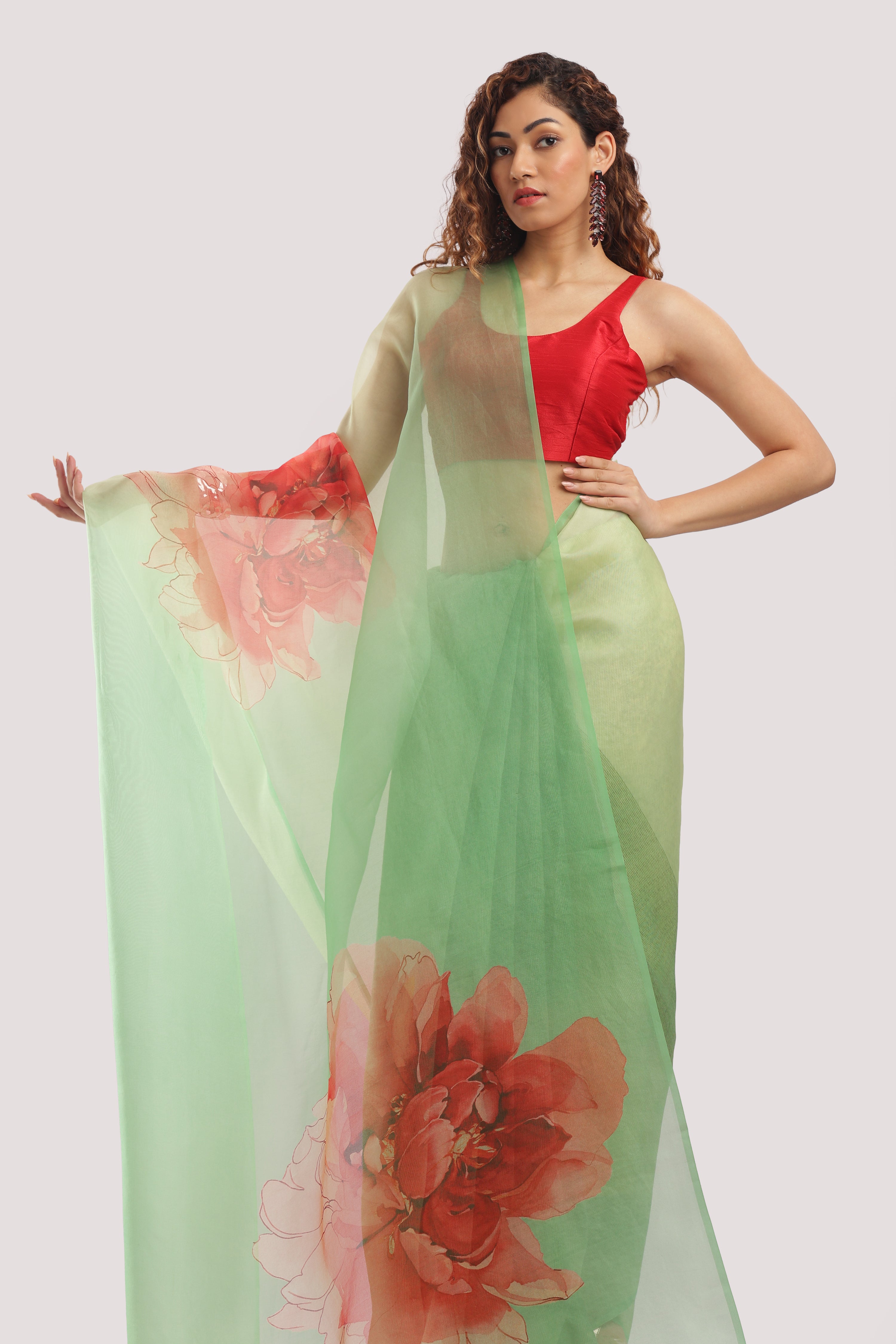 Banarasi Silk Organza Digital Print Flower Motive Saree - Green