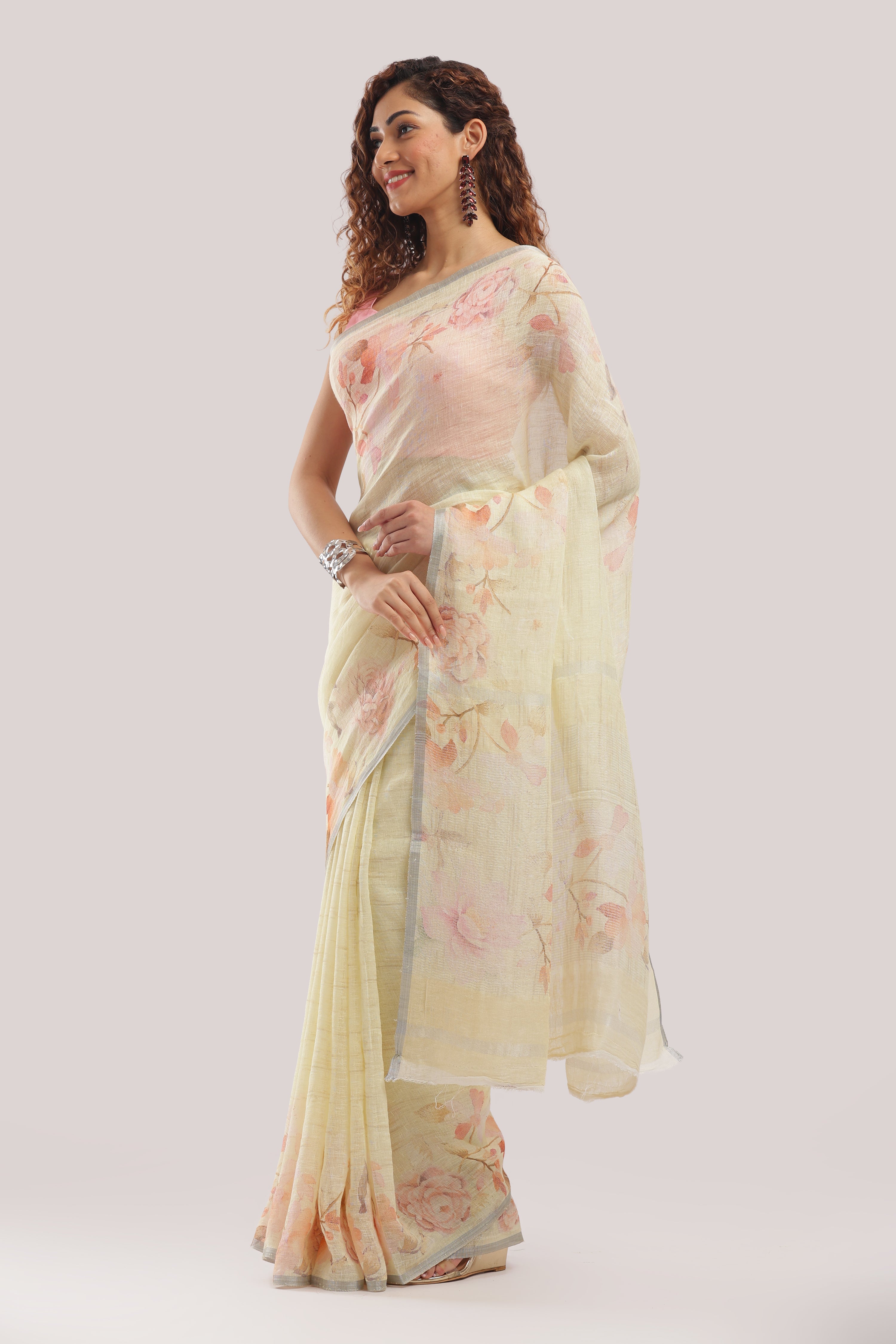 Banarasi silk linen digital printed saree - Yellow