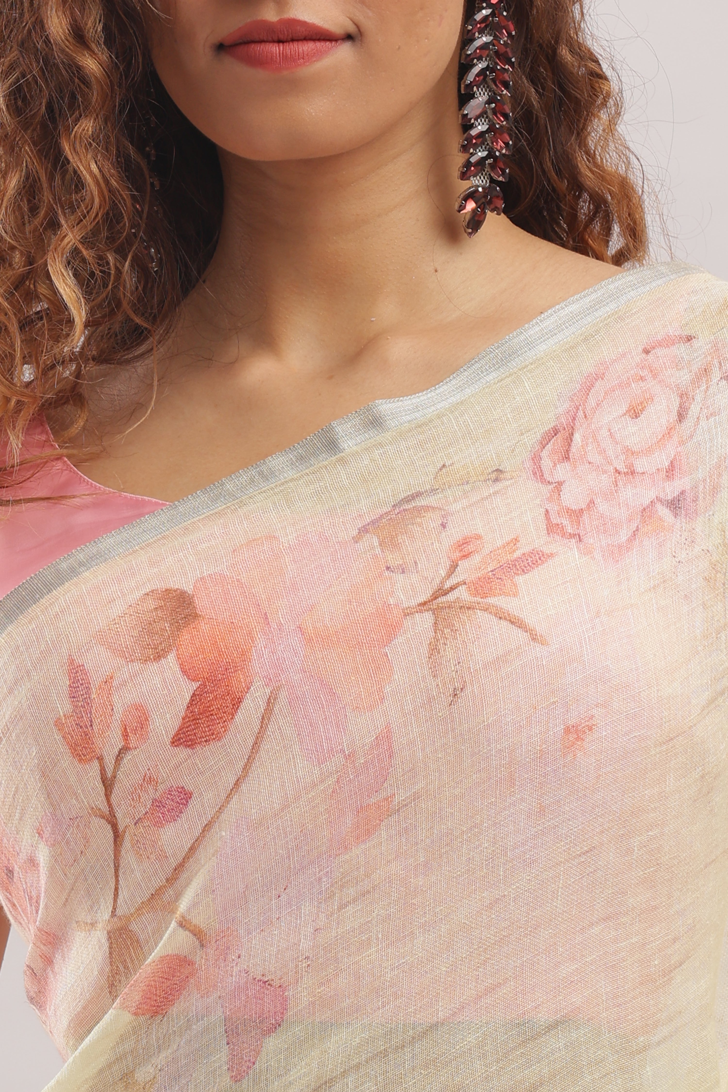 Banarasi silk linen digital printed saree - Yellow